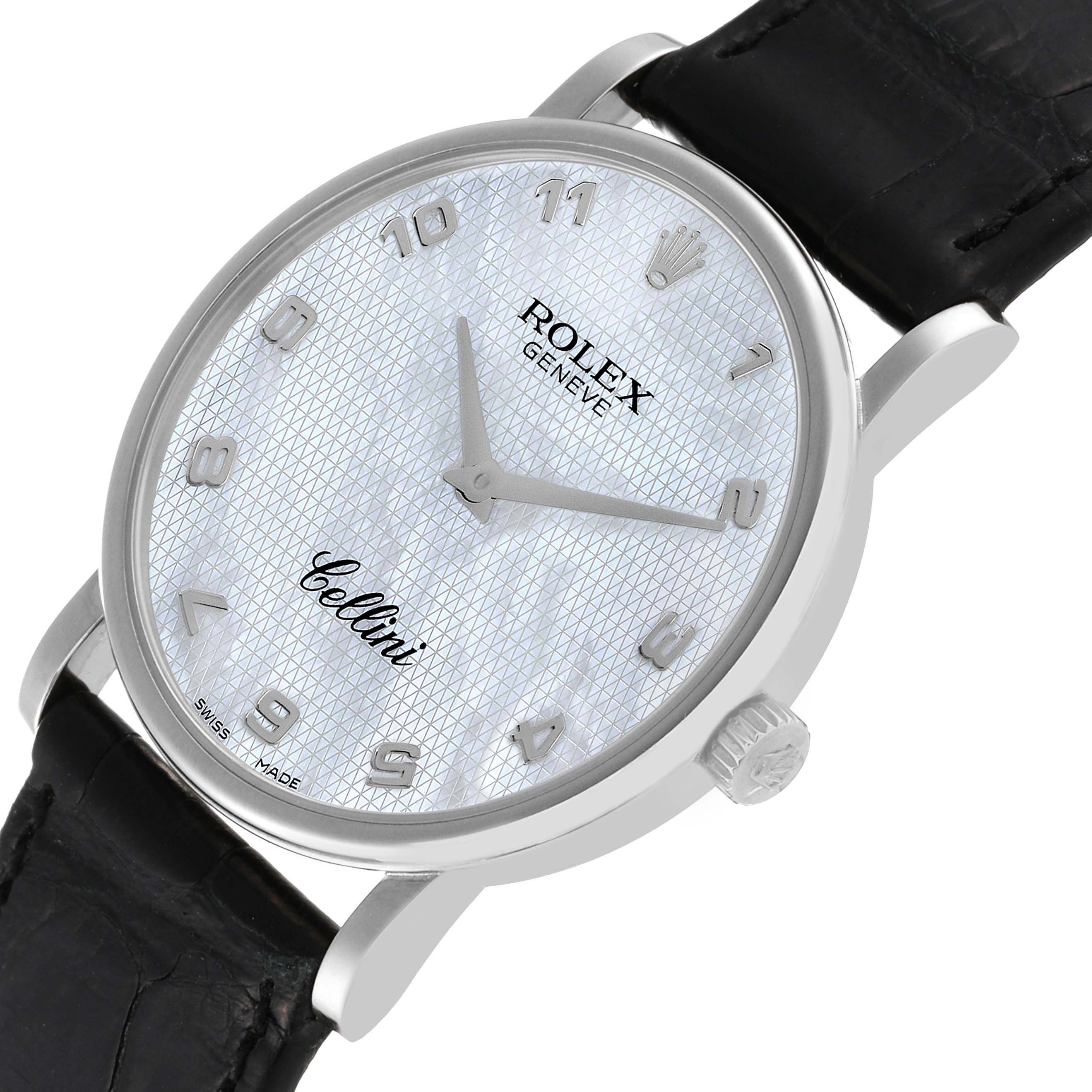 The image shows a top view of the Rolex Cellini 5115 Men
s Stainless Steel Mother of Pearl Dial 5115 Men
s Stainless Steel Mother of Pearl Dial watch, highlighting the dial, hands, and part of the leather strap.