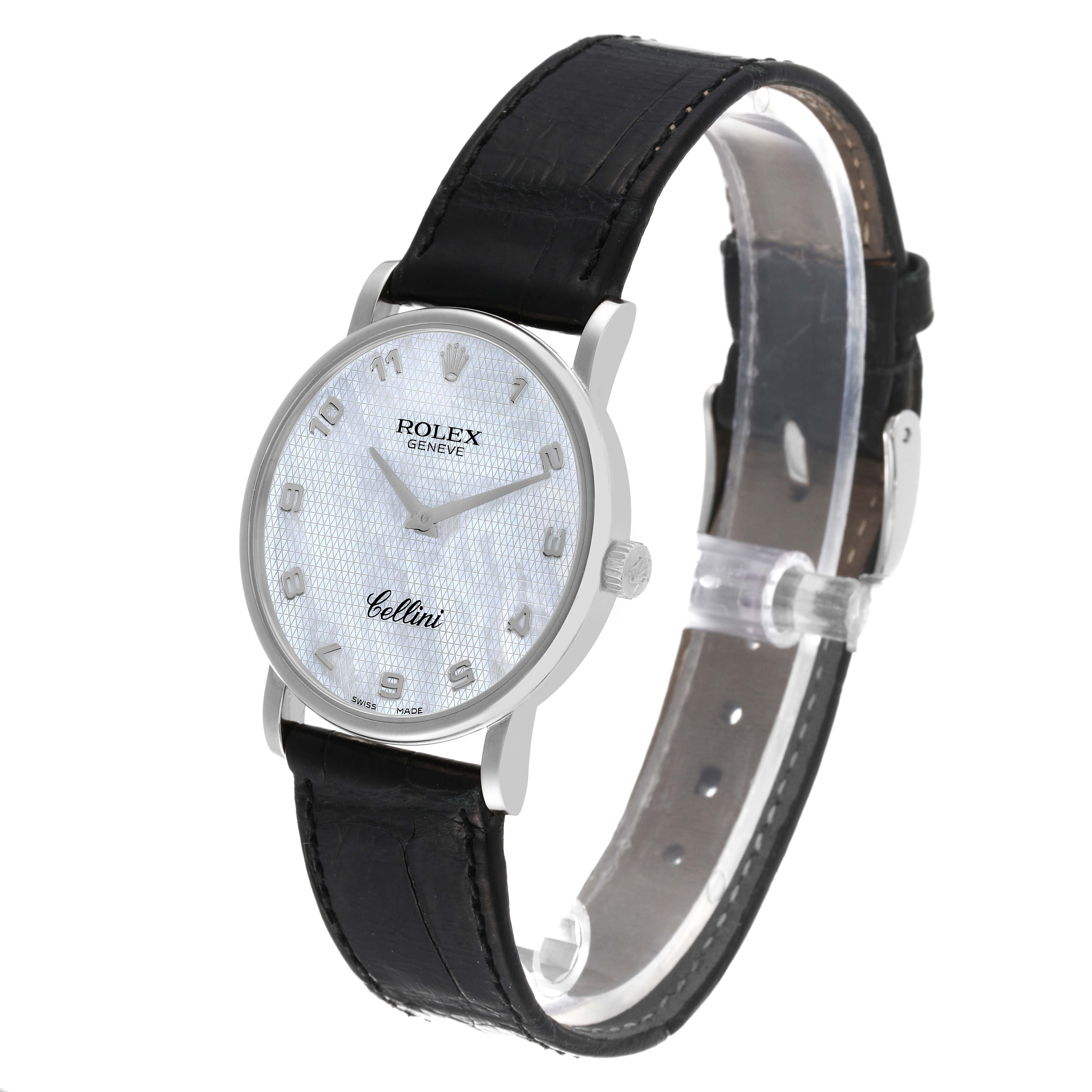 The Rolex Cellini 5115 Men
s Stainless Steel Mother of Pearl Dial 5115 Men
s Stainless Steel Mother of Pearl Dial watch is shown at a three-quarter angle, highlighting its face, case, and leather strap.