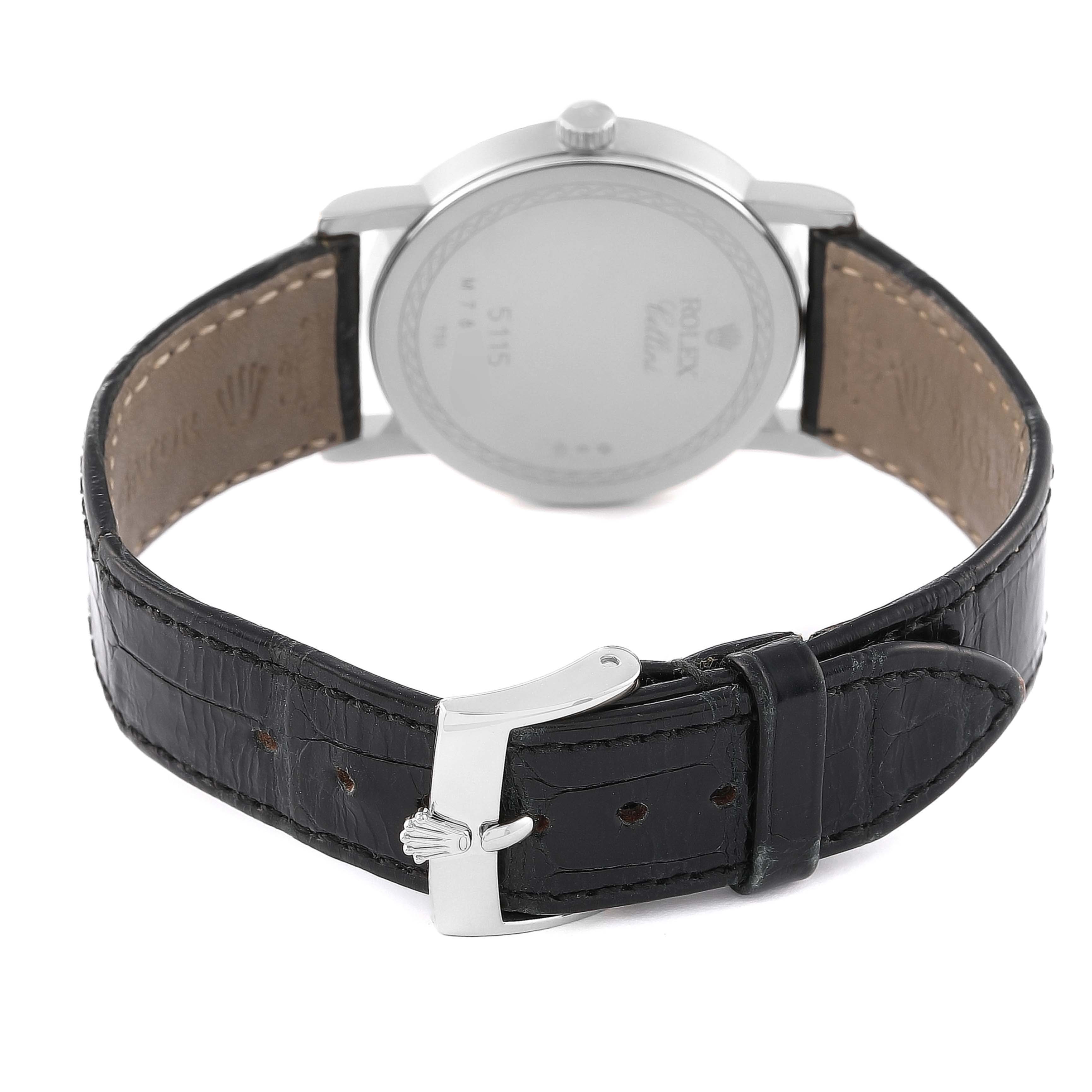 This image shows the back view of the Rolex Cellini 5115 Men
s Stainless Steel Mother of Pearl Dial 5115 Men
s Stainless Steel Mother of Pearl Dial watch, highlighting its strap, buckle, and back case.