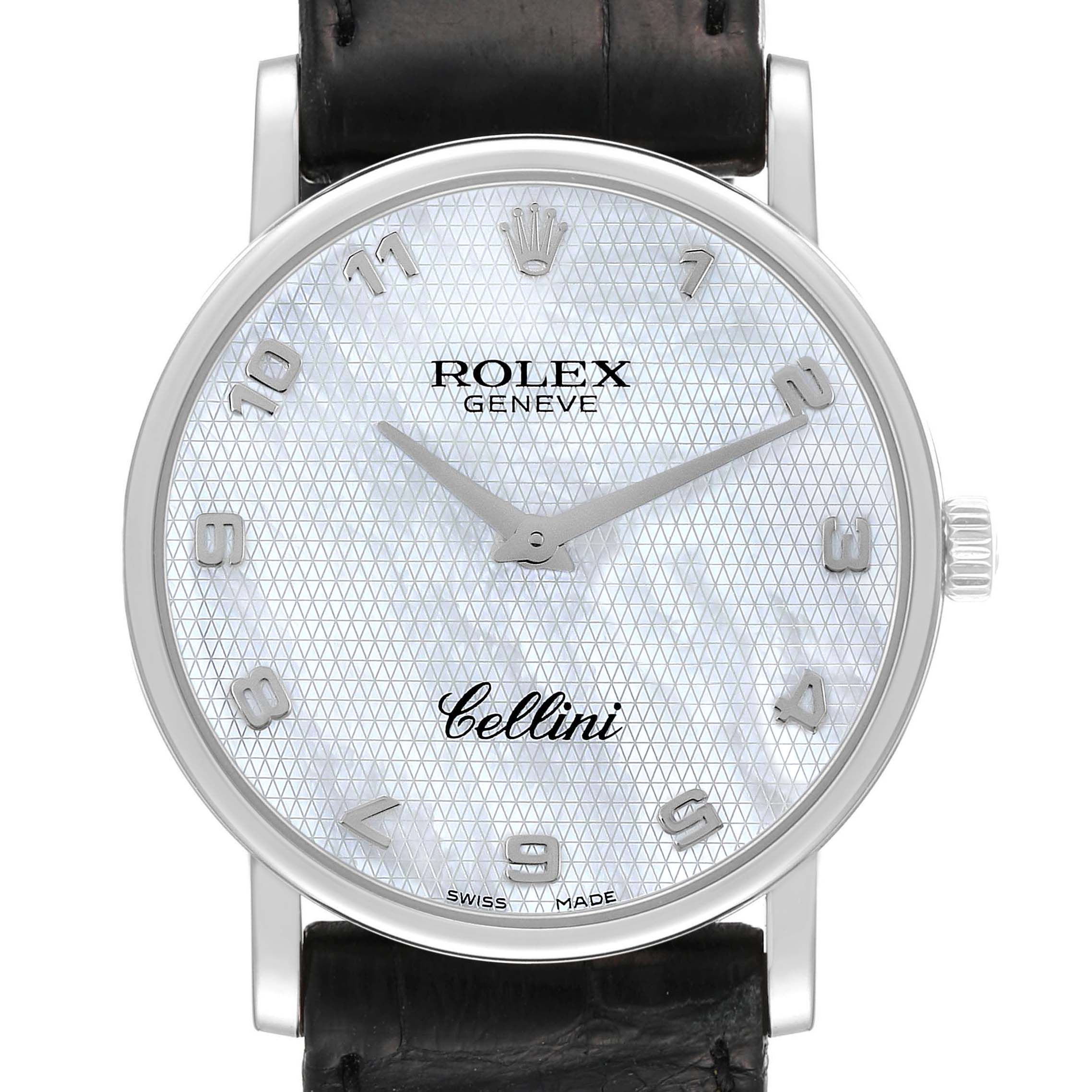 This is a head-on view of the Rolex Cellini 5115 Men
s Stainless Steel Mother of Pearl Dial 5115 Men
s Stainless Steel Mother of Pearl Dial watch, showing the dial, hands, and part of the black leather strap.
