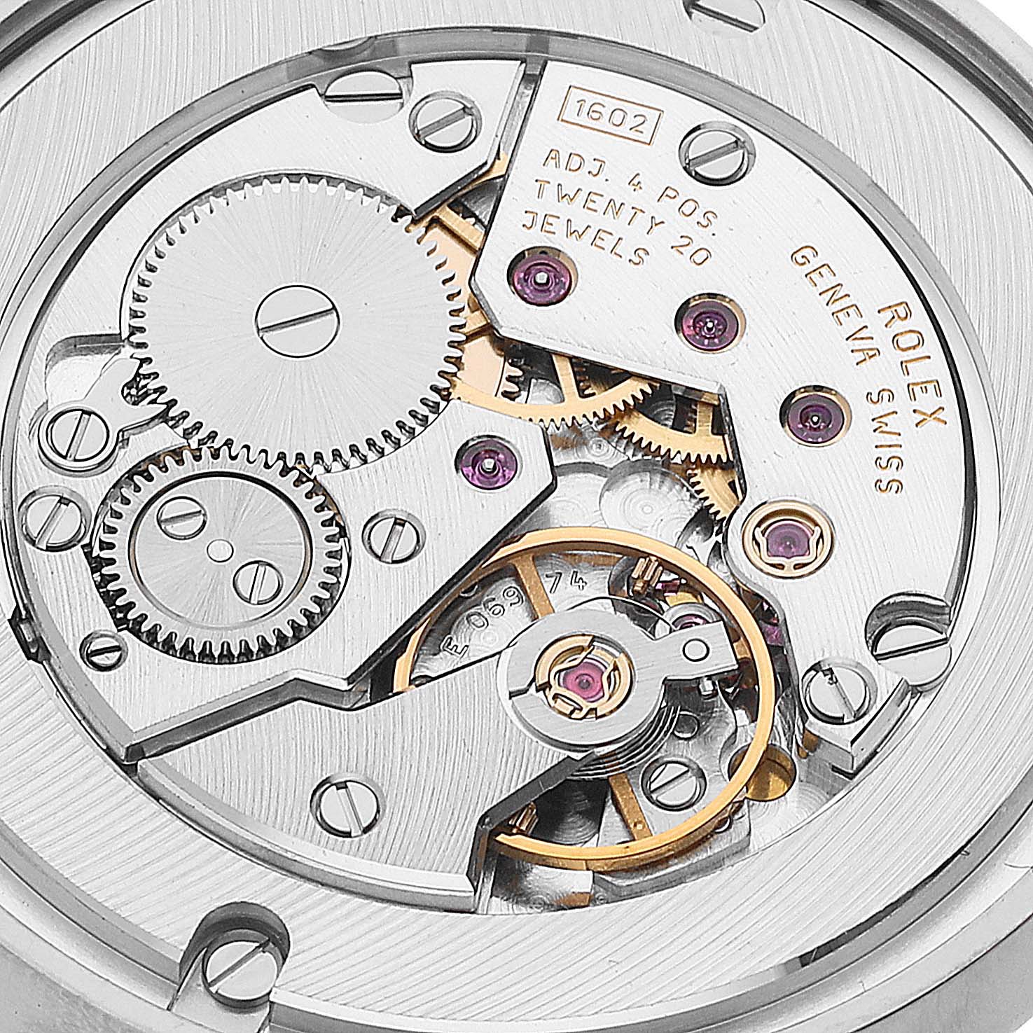This image shows a close-up of the intricate movement components of a Rolex Cellini 5115 Men
s Stainless Steel Mother of Pearl Dial 5115 Men
s Stainless Steel Mother of Pearl Dial watch.