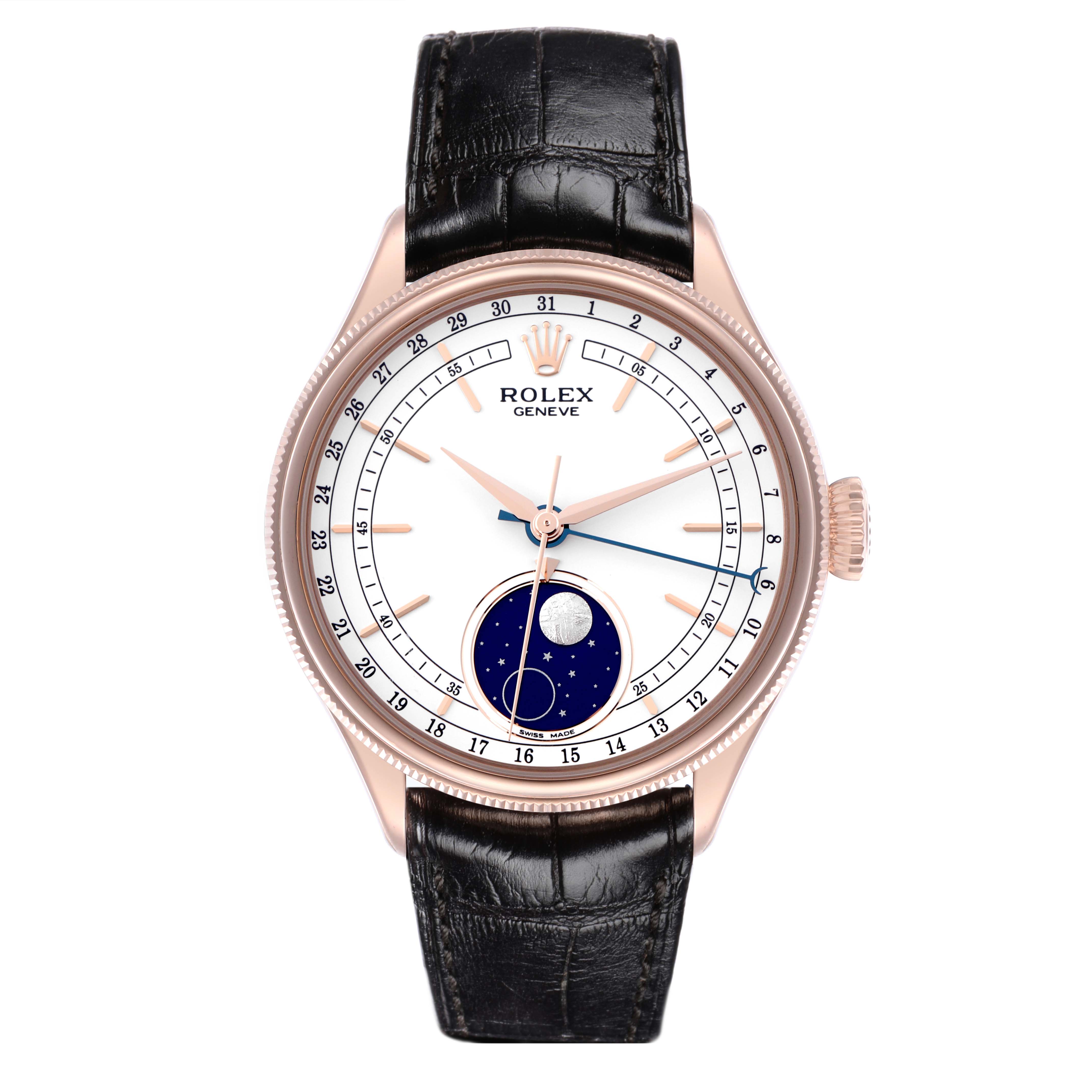 The Rolex Cellini 50535 Men's Rose Gold White Dial 50535 Men's Rose Gold White Dial watch is shown from a front angle, displaying the dial, moon phase indicator, and leather strap.