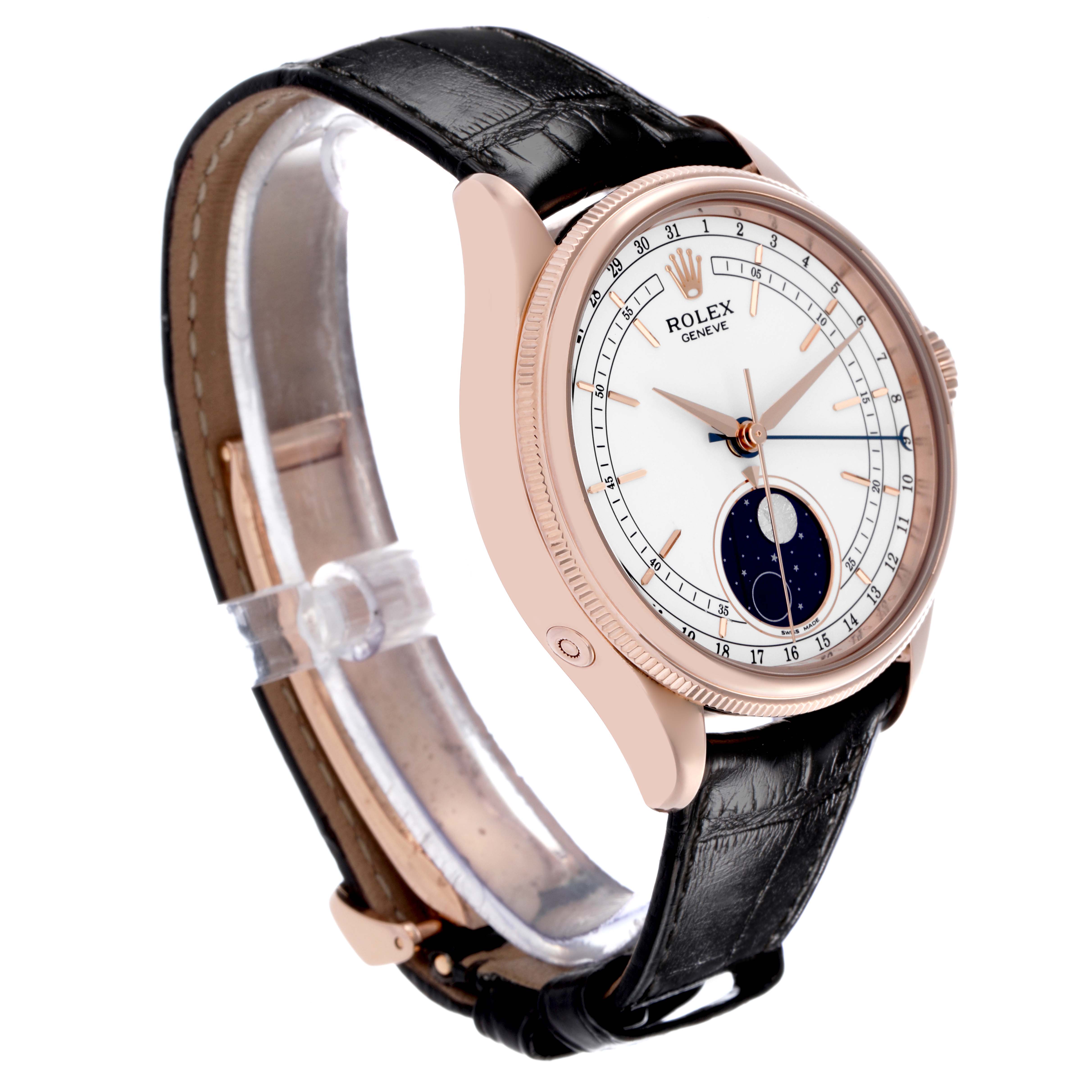 The Rolex Cellini 50535 Men's Rose Gold White Dial 50535 Men's Rose Gold White Dial watch is shown at a three-quarter angle, highlighting the dial, case, and leather strap.