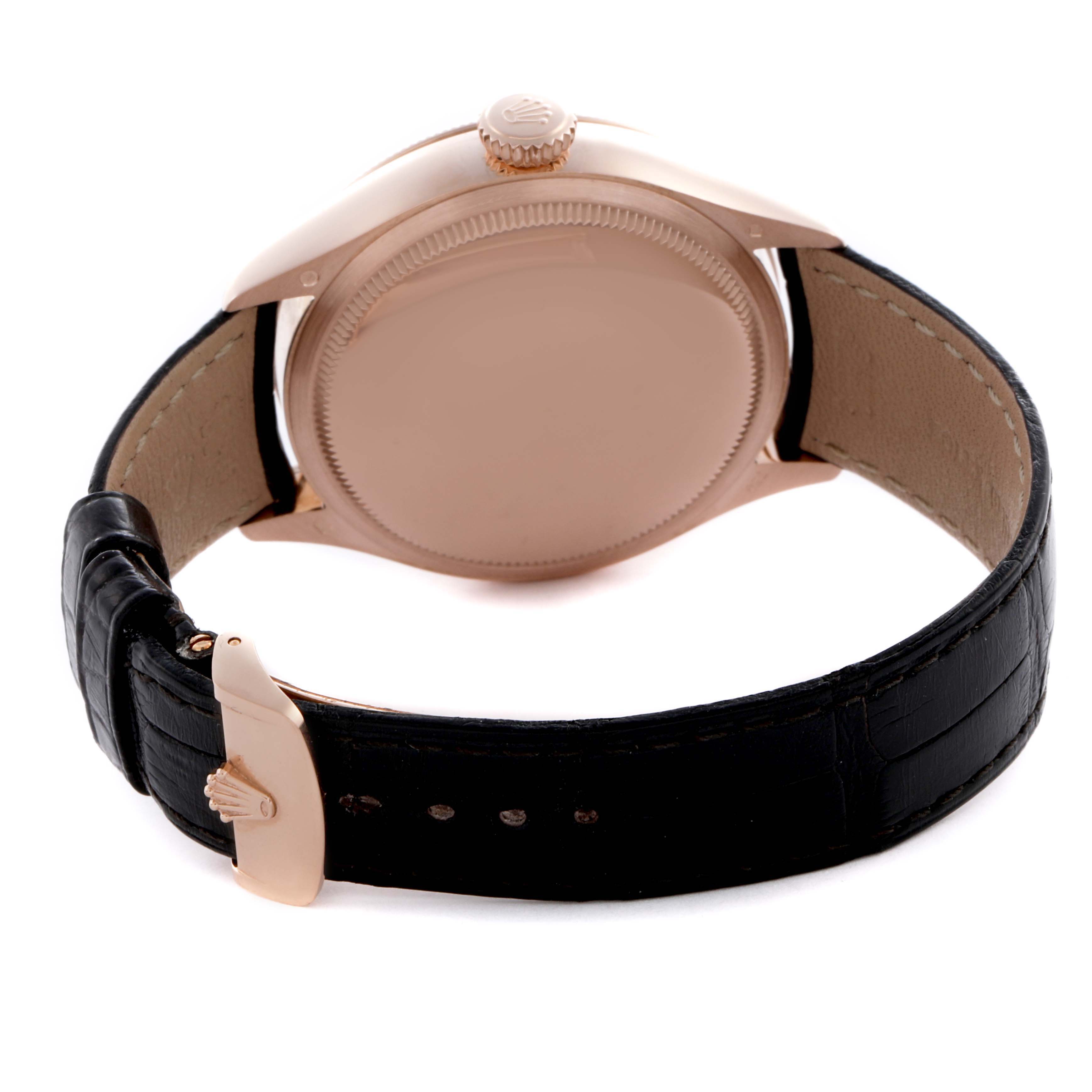 The image shows the back and side of a Rolex Cellini 50535 Men's Rose Gold White Dial 50535 Men's Rose Gold White Dial, highlighting the crown, case back, and black leather strap.