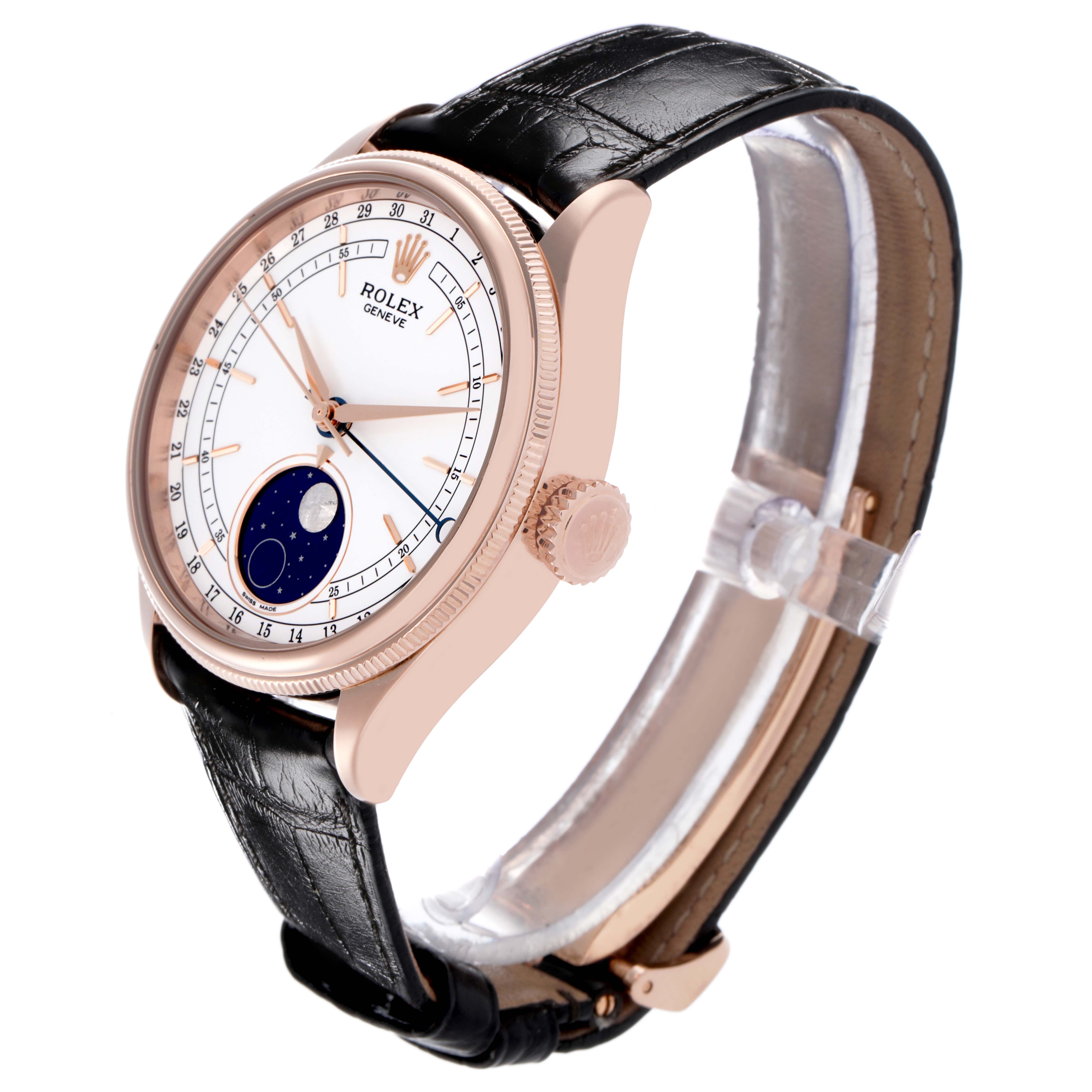 The Rolex Cellini 50535 Men's Rose Gold White Dial 50535 Men's Rose Gold White Dial watch is shown at a side angle, displaying its case, crown, dial, strap, and moon phase display.
