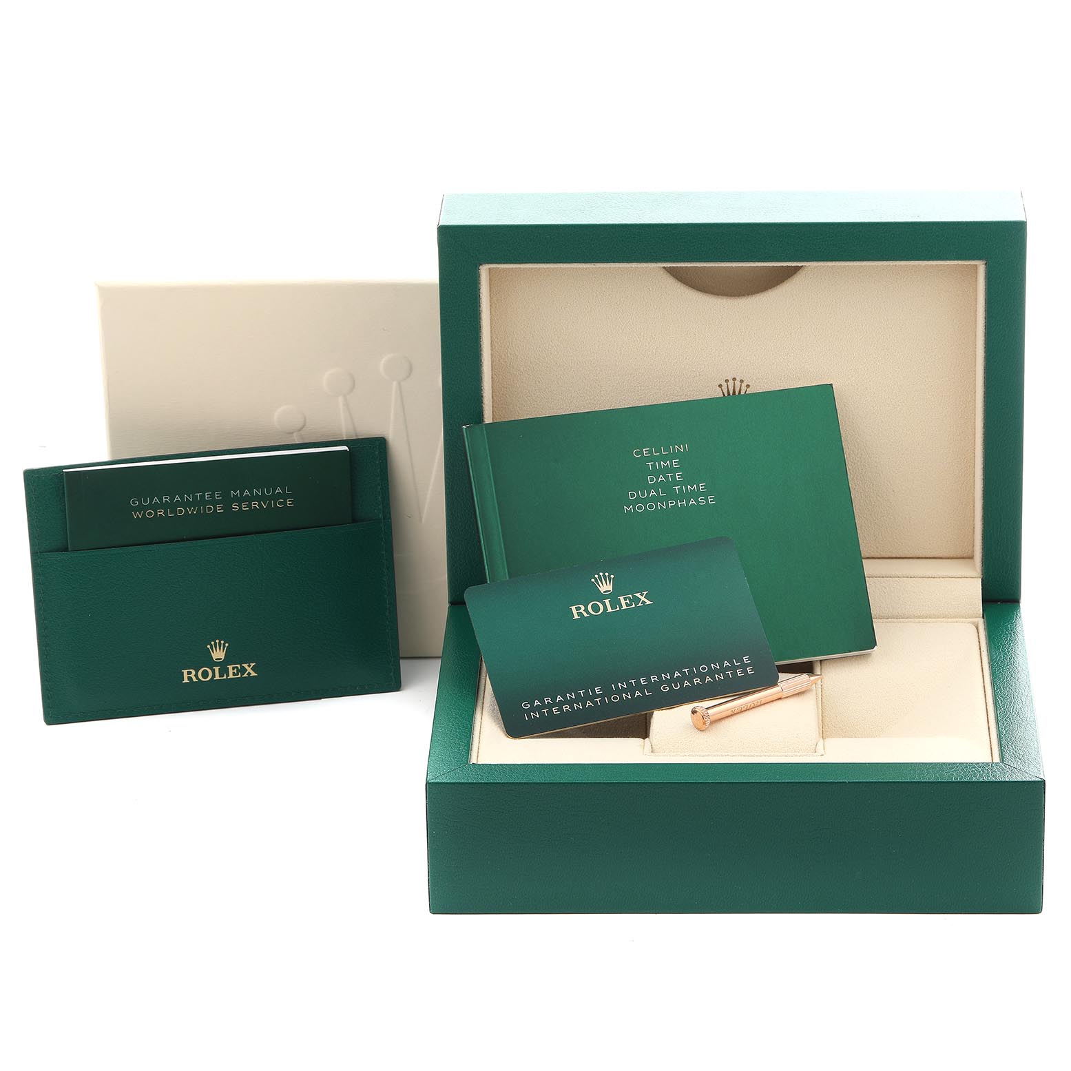 The image shows the box and warranty cards for the Rolex Cellini 50535 Men's Rose Gold White Dial model, with a guarantee manual and international guarantee.