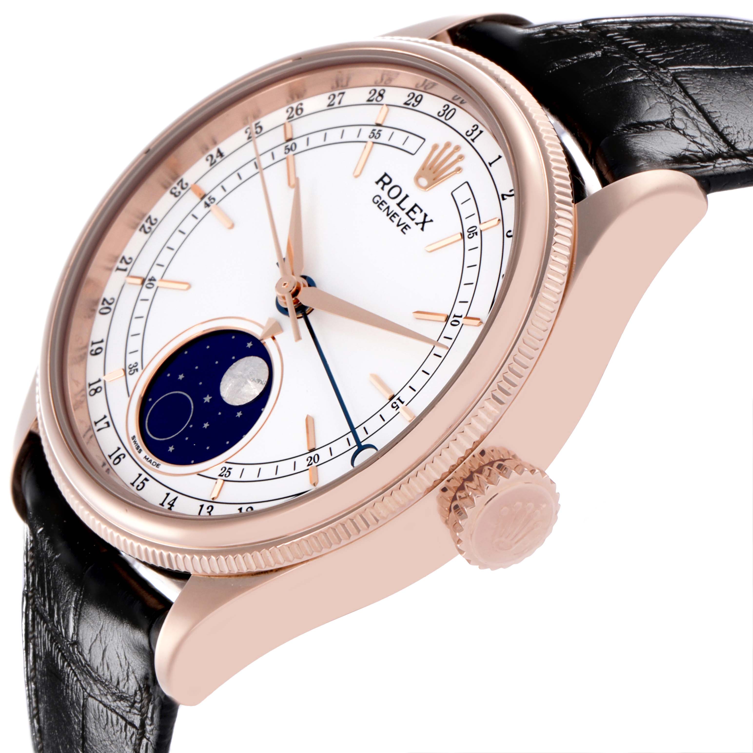 The Rolex Cellini 50535 Men's Rose Gold White Dial 50535 Men's Rose Gold White Dial watch is shown at an angled side view, highlighting the dial, crown, and leather strap.