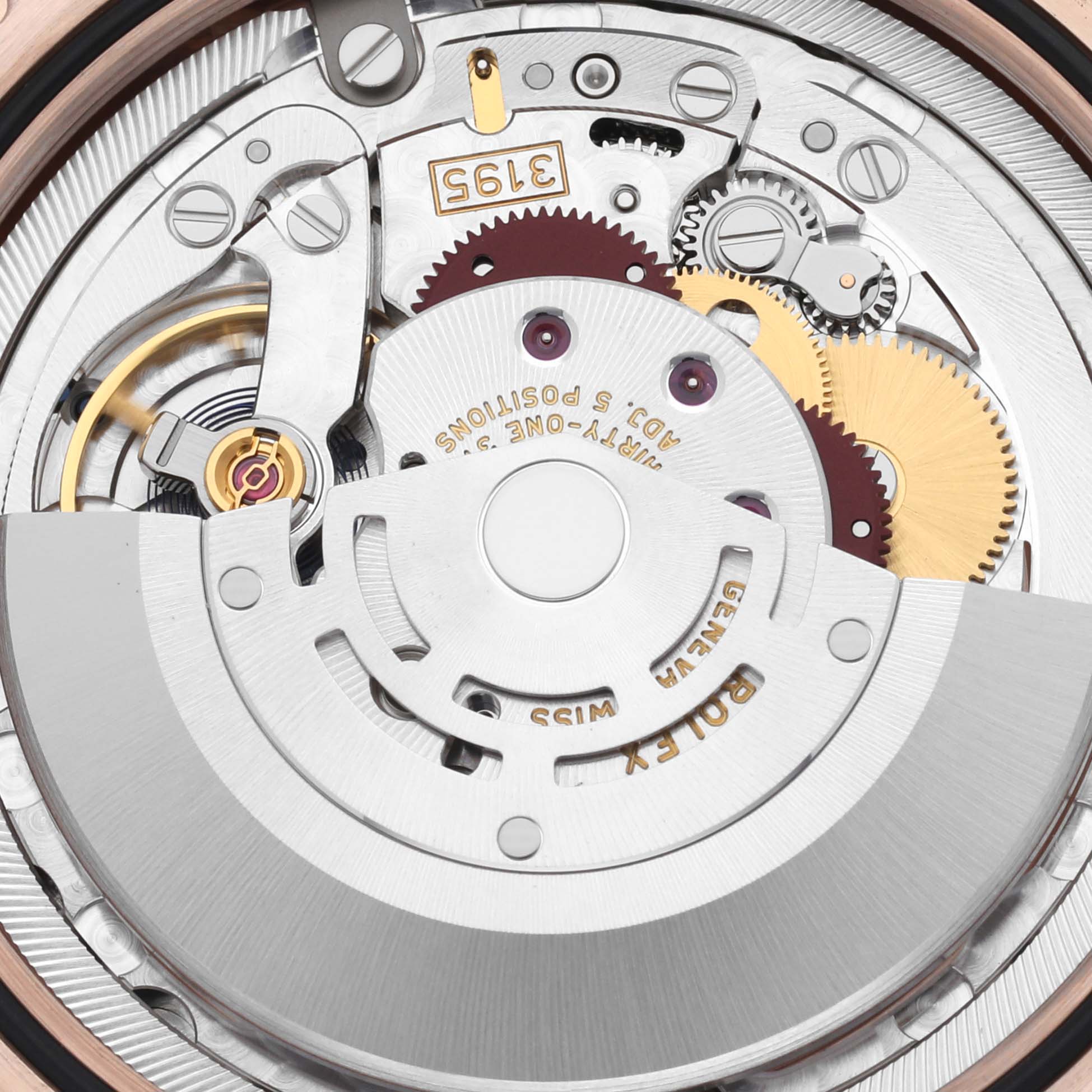 The image shows the movement mechanism of a Rolex Cellini 50535 Men's Rose Gold White Dial 50535 Men's Rose Gold White Dial watch from above, highlighting gears and the rotor.