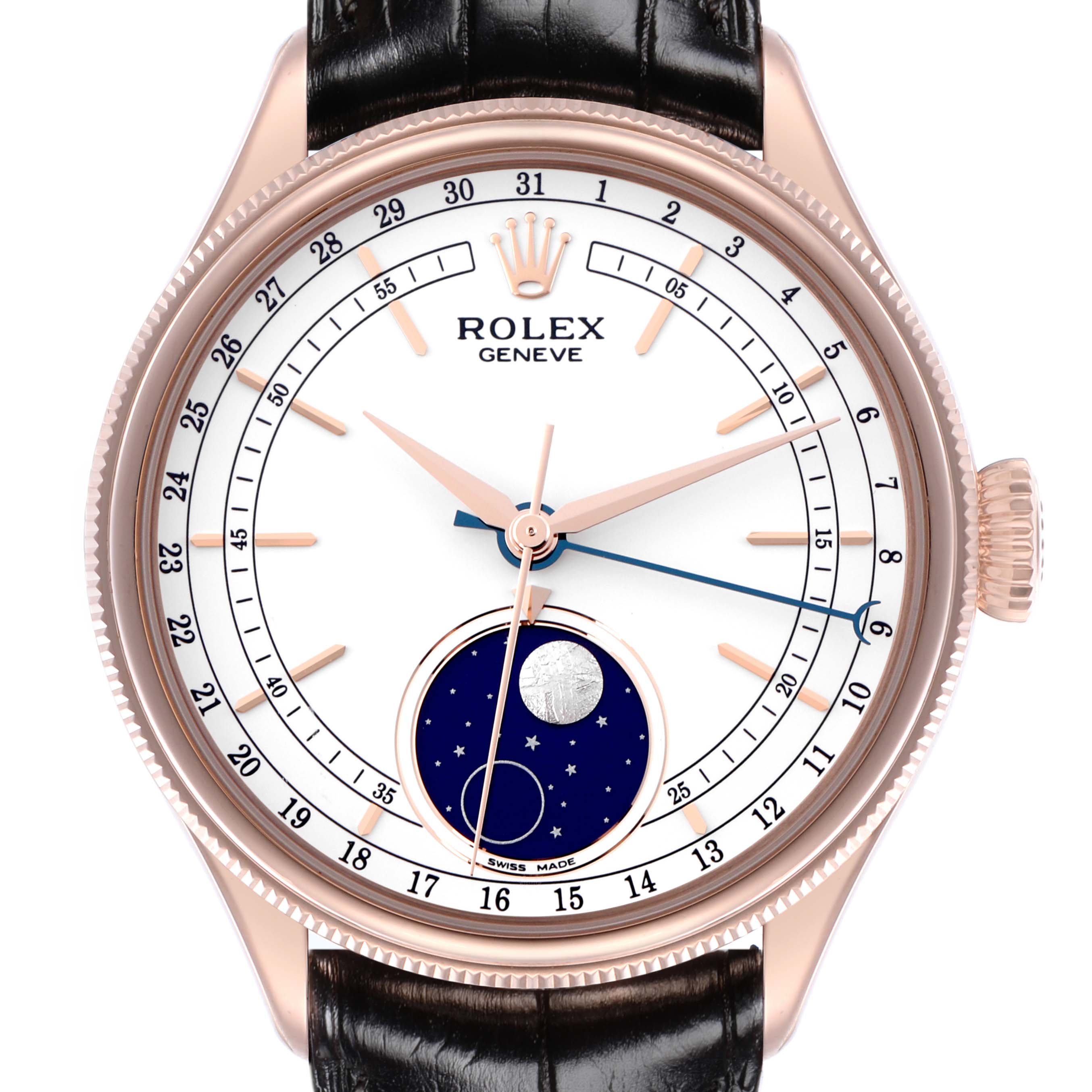 The Rolex Cellini 50535 Men's Rose Gold White Dial 50535 Men's Rose Gold White Dial watch is shown from a front view, featuring the dial, hands, moon phase, and leather strap.