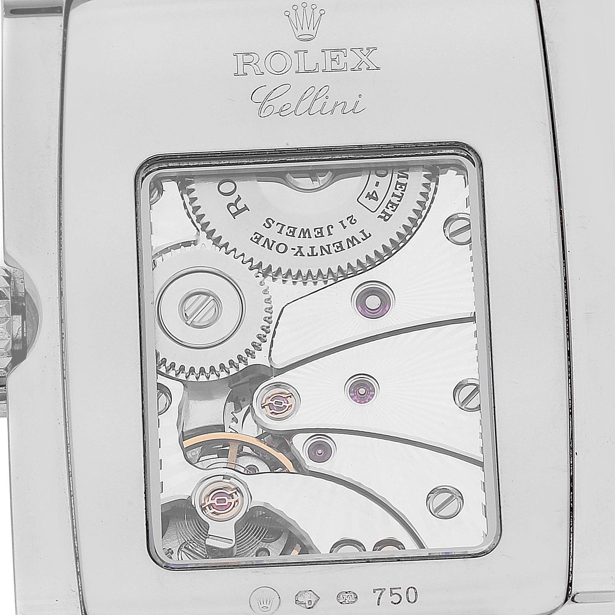 This image shows a close-up view of the movement inside a Rolex Cellini 5443/9 Men's White Gold Black Dial 5443/9 Men's White Gold Black Dial watch through its transparent case back.