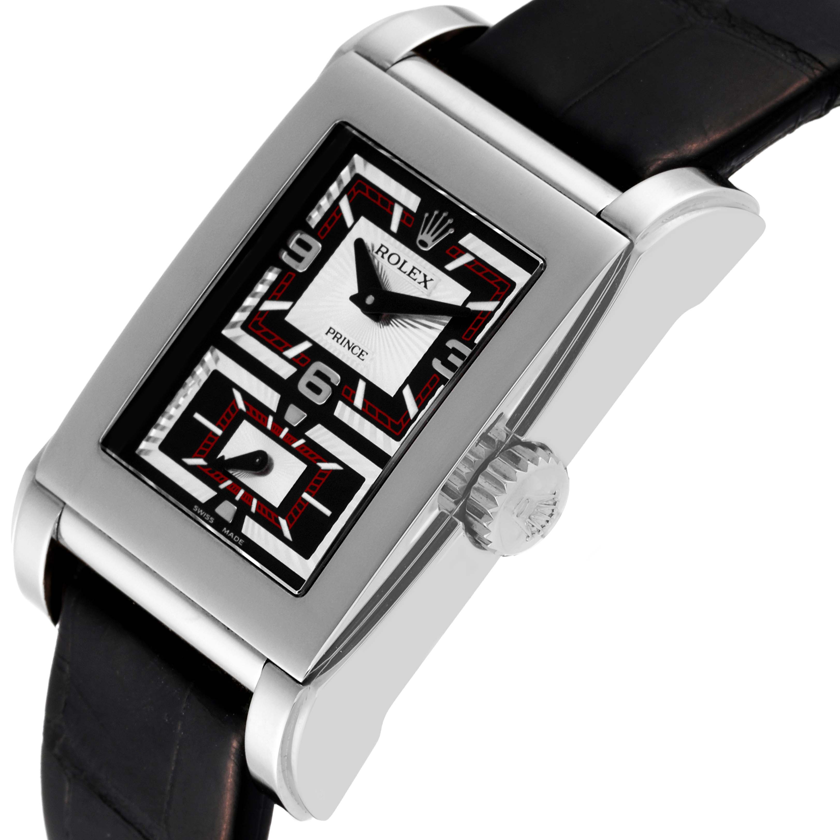 This image shows a side angle of the Rolex Cellini 5443/9 Men's White Gold Black Dial 5443/9 Men's White Gold Black Dial Prince watch, highlighting the case, dial, and crown.