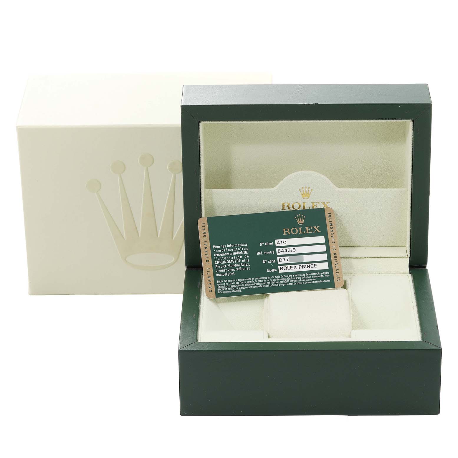 The image shows the packaging box and certificate card for the Rolex Cellini 5443/9 Men's White Gold Black Dial 5443/9 Men's White Gold Black Dial watch model.