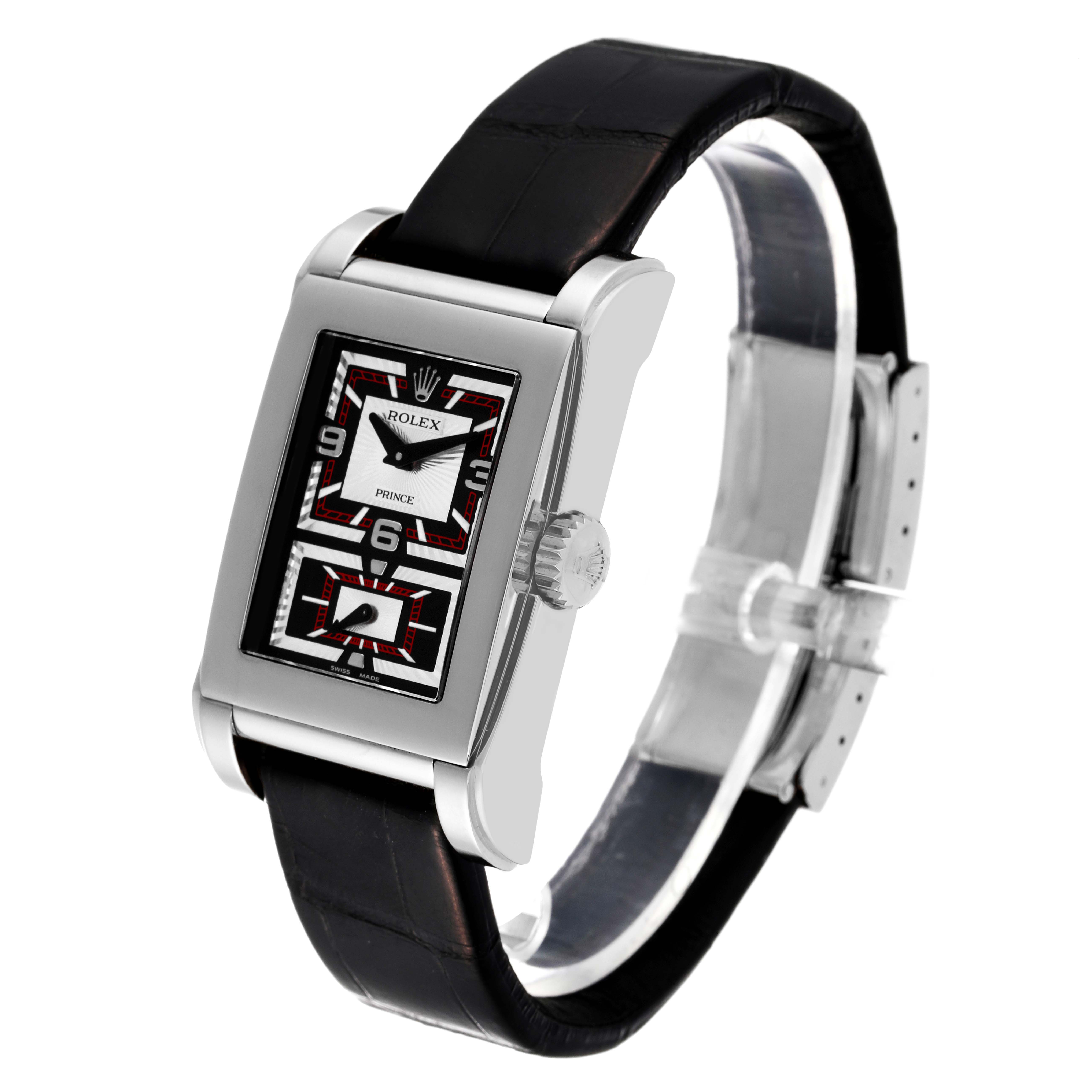 The Rolex Cellini 5443/9 Men's White Gold Black Dial 5443/9 Men's White Gold Black Dial watch is shown at a three-quarter angle, highlighting its face, crown, and leather strap.