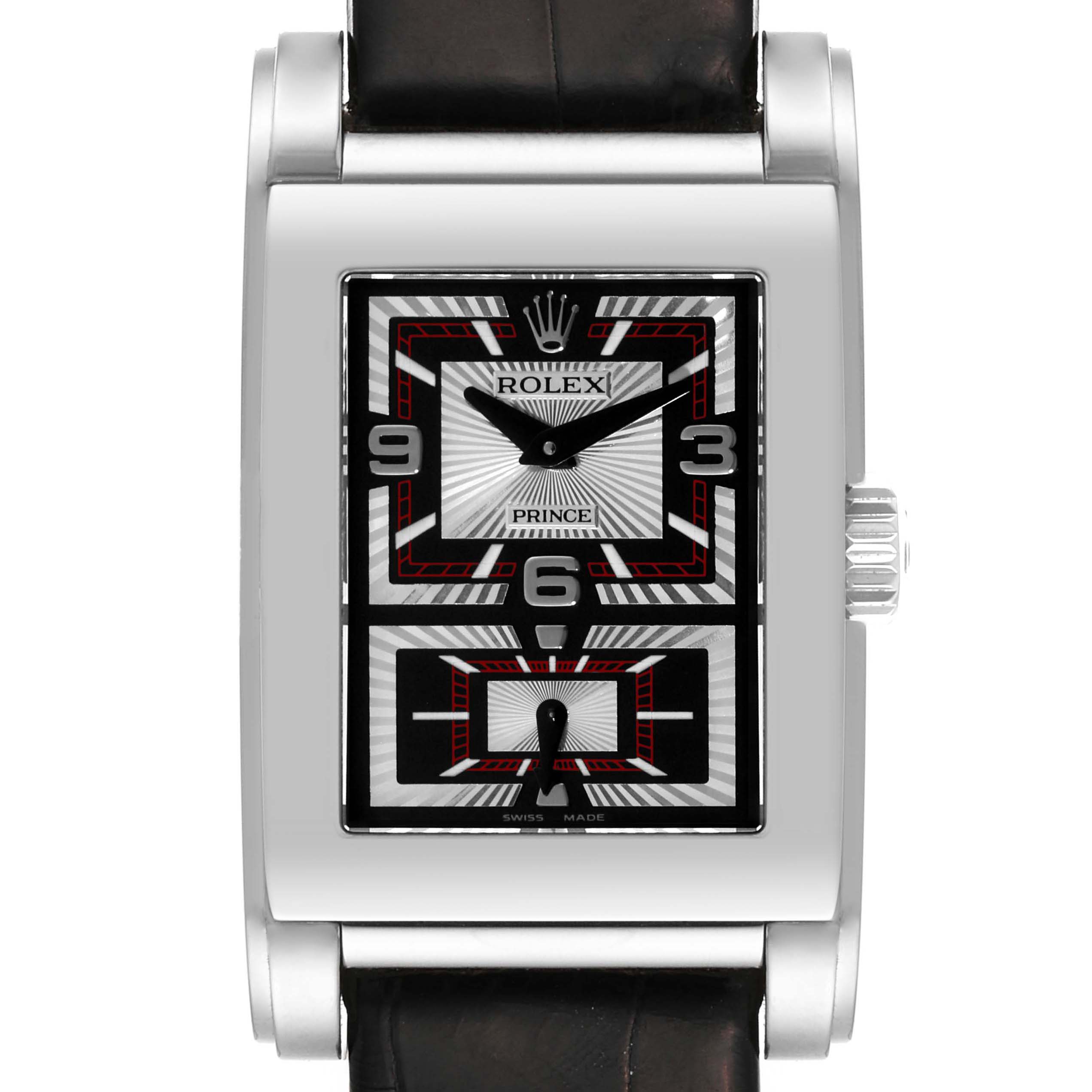 The Rolex Cellini 5443/9 Men's White Gold Black Dial 5443/9 Men's White Gold Black Dial watch is shown from a front angle, displaying the face, crown, and parts of the strap.