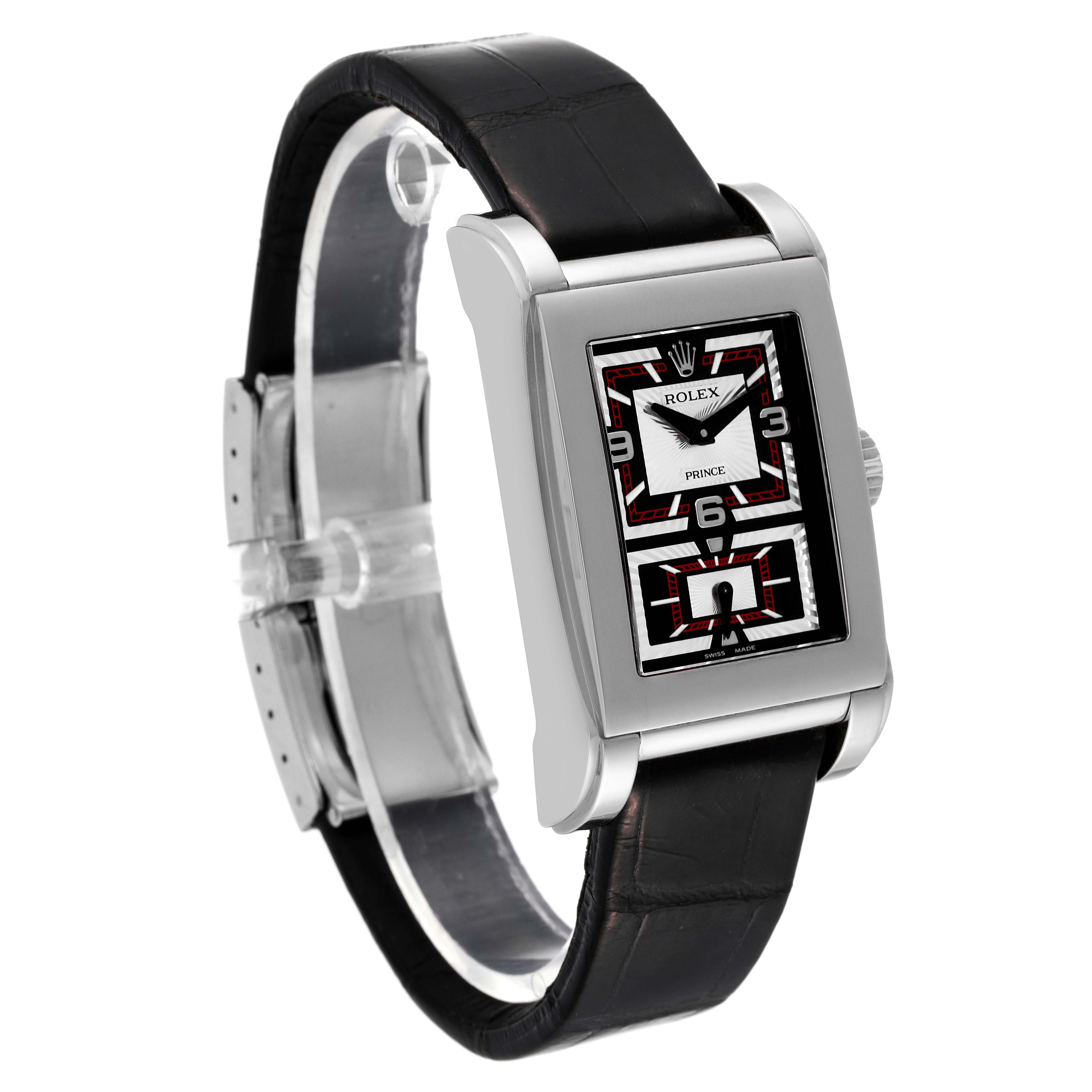 The Rolex Cellini 5443/9 Men's White Gold Black Dial 5443/9 Men's White Gold Black Dial watch is shown at an angle displaying its rectangular face, leather strap, and side crown.