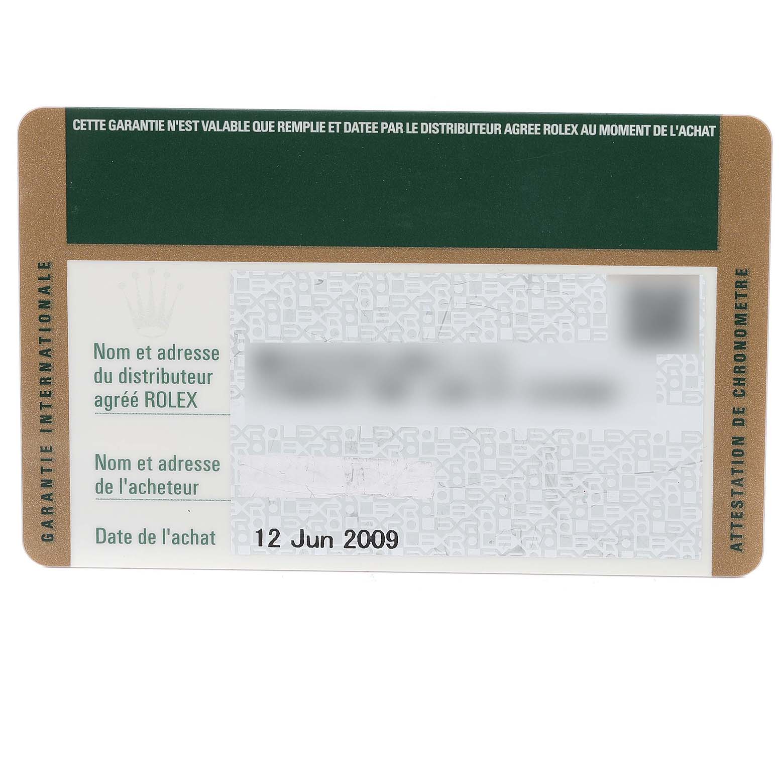 The image shows an international warranty card for a Rolex Cellini 5443/9 Men's White Gold Black Dial 5443/9 Men's White Gold Black Dial watch, dated June 12, 2009.