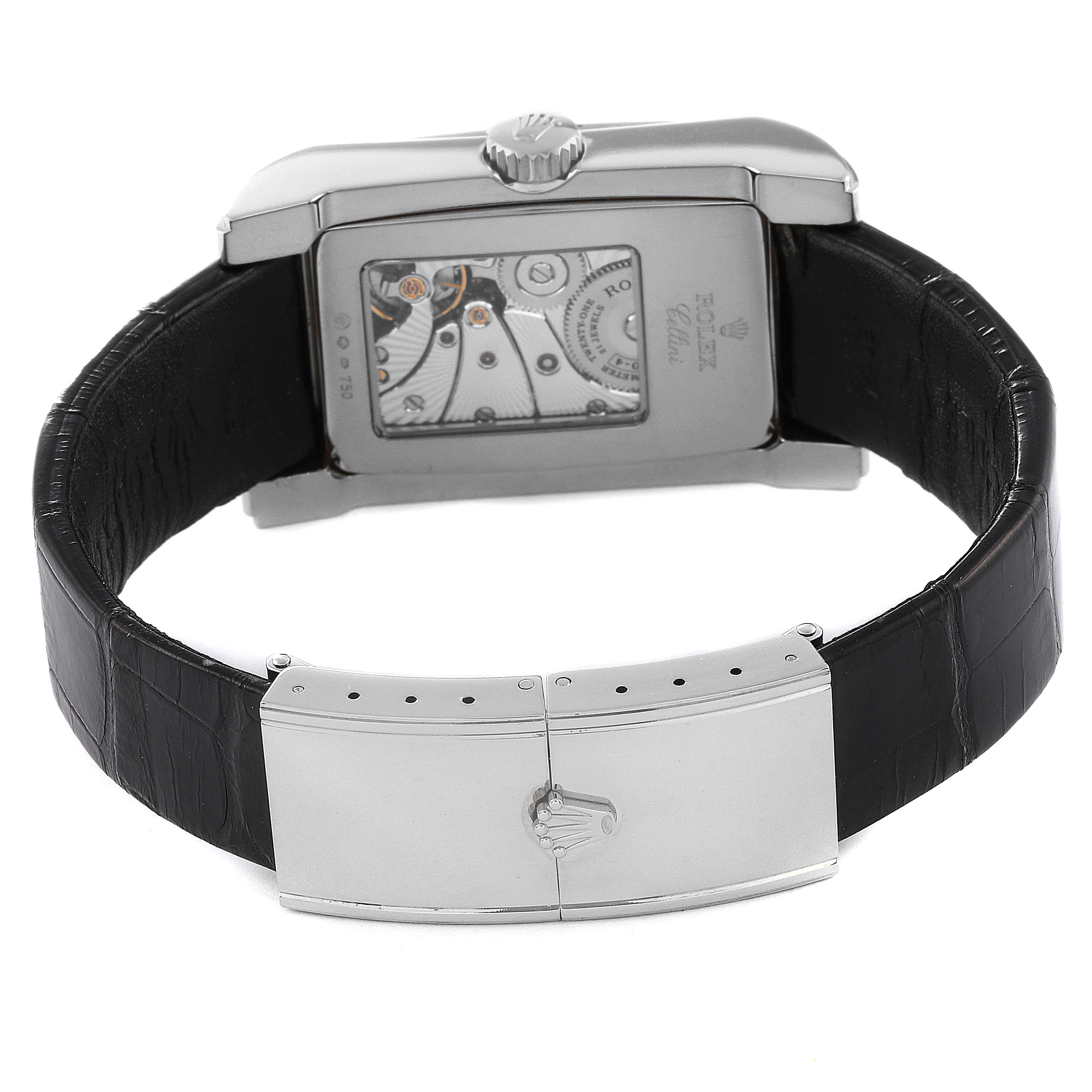 The image shows the back side and clasp of the Rolex Cellini 5443/9 Men's White Gold Black Dial 5443/9 Men's White Gold Black Dial watch, highlighting its movement and leather strap.