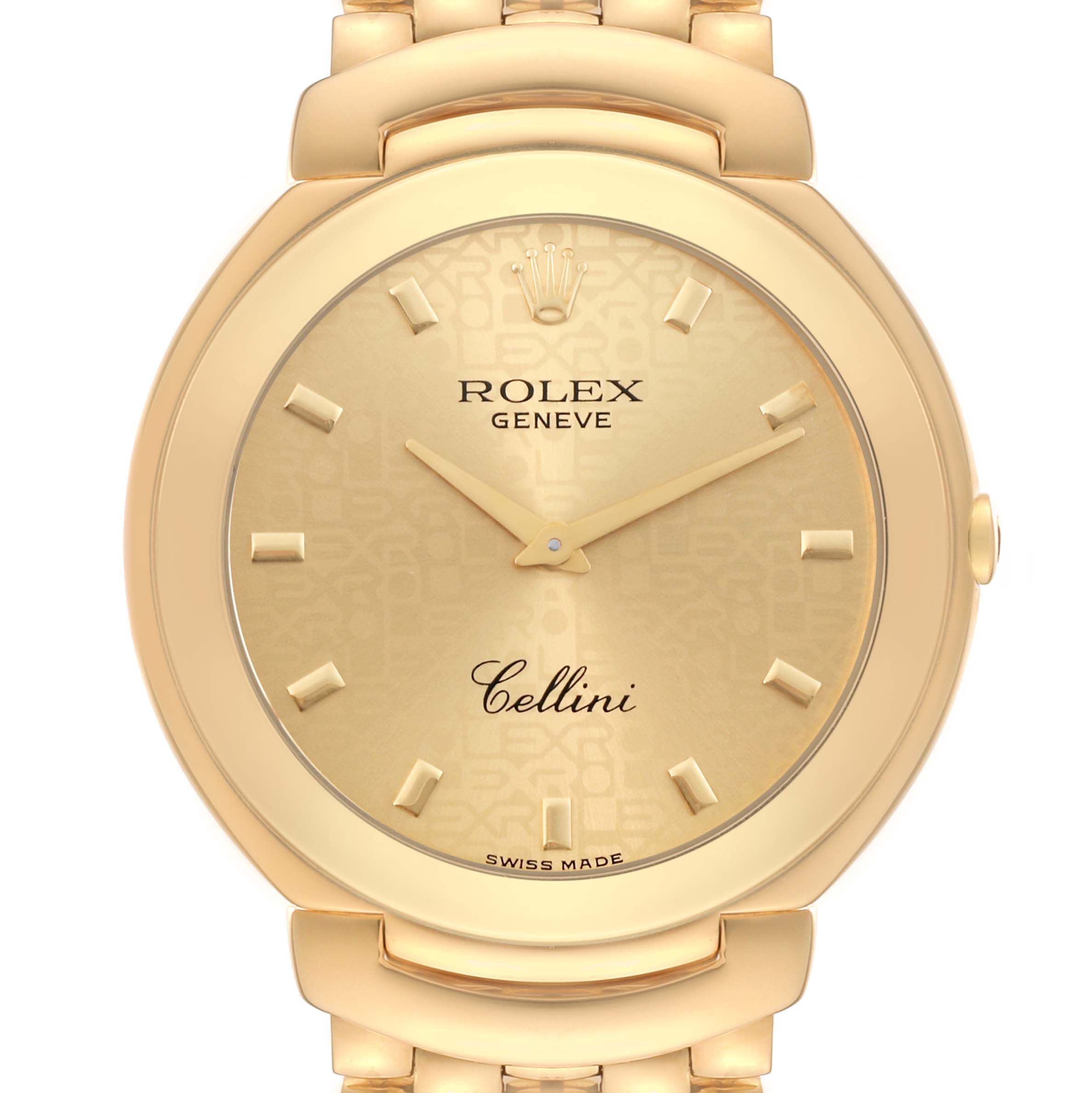 The frontal view of the Rolex Cellini 6623/8 Men's Yellow Gold Champagne Dial 6623/8 Men's Yellow Gold Champagne Dial watch shows its gold dial, hands, crown, and parts of the bracelet.