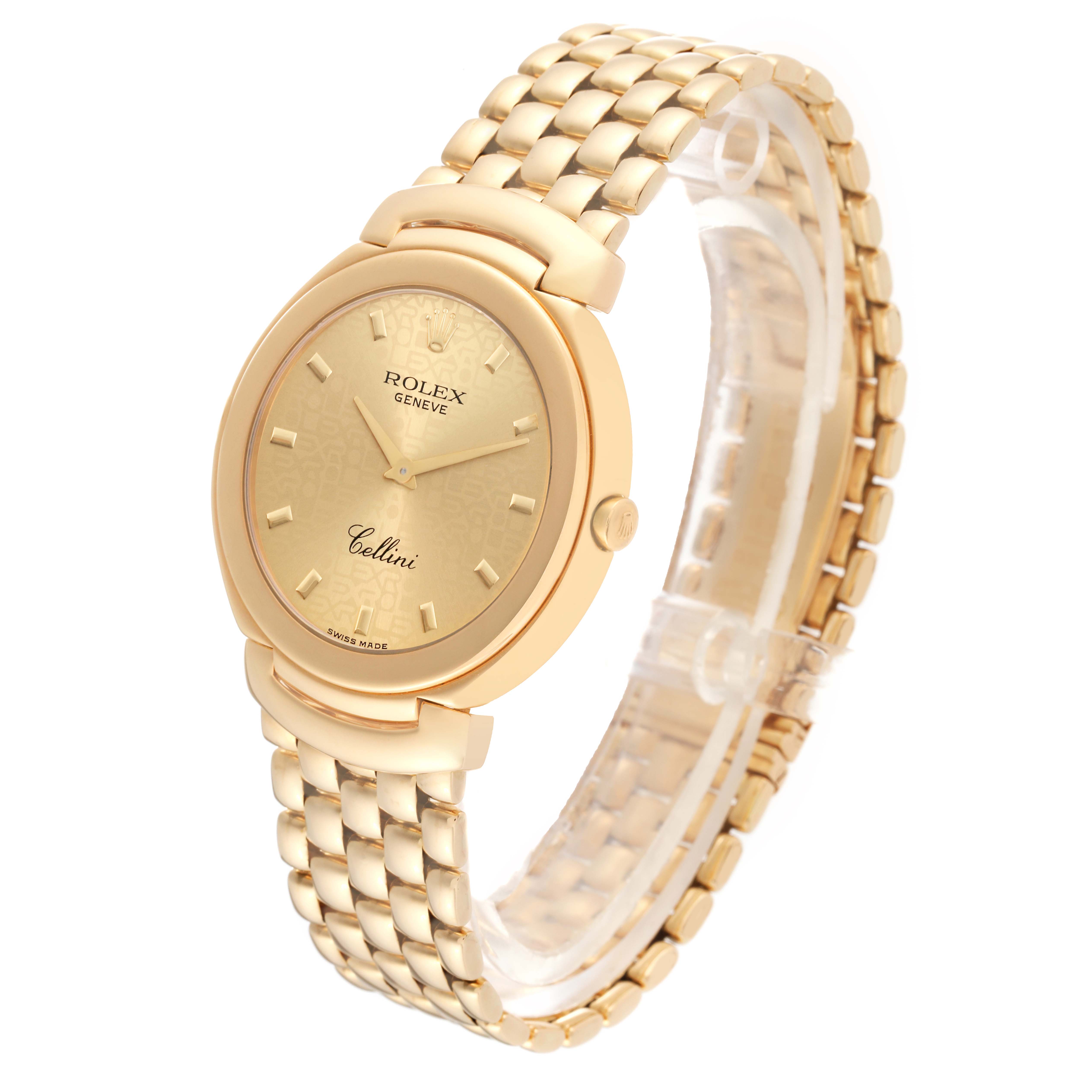 The image shows a side angle view of the Rolex Cellini 6623/8 Men's Yellow Gold Champagne Dial 6623/8 Men's Yellow Gold Champagne Dial watch, displaying the gold case, dial, and bracelet.