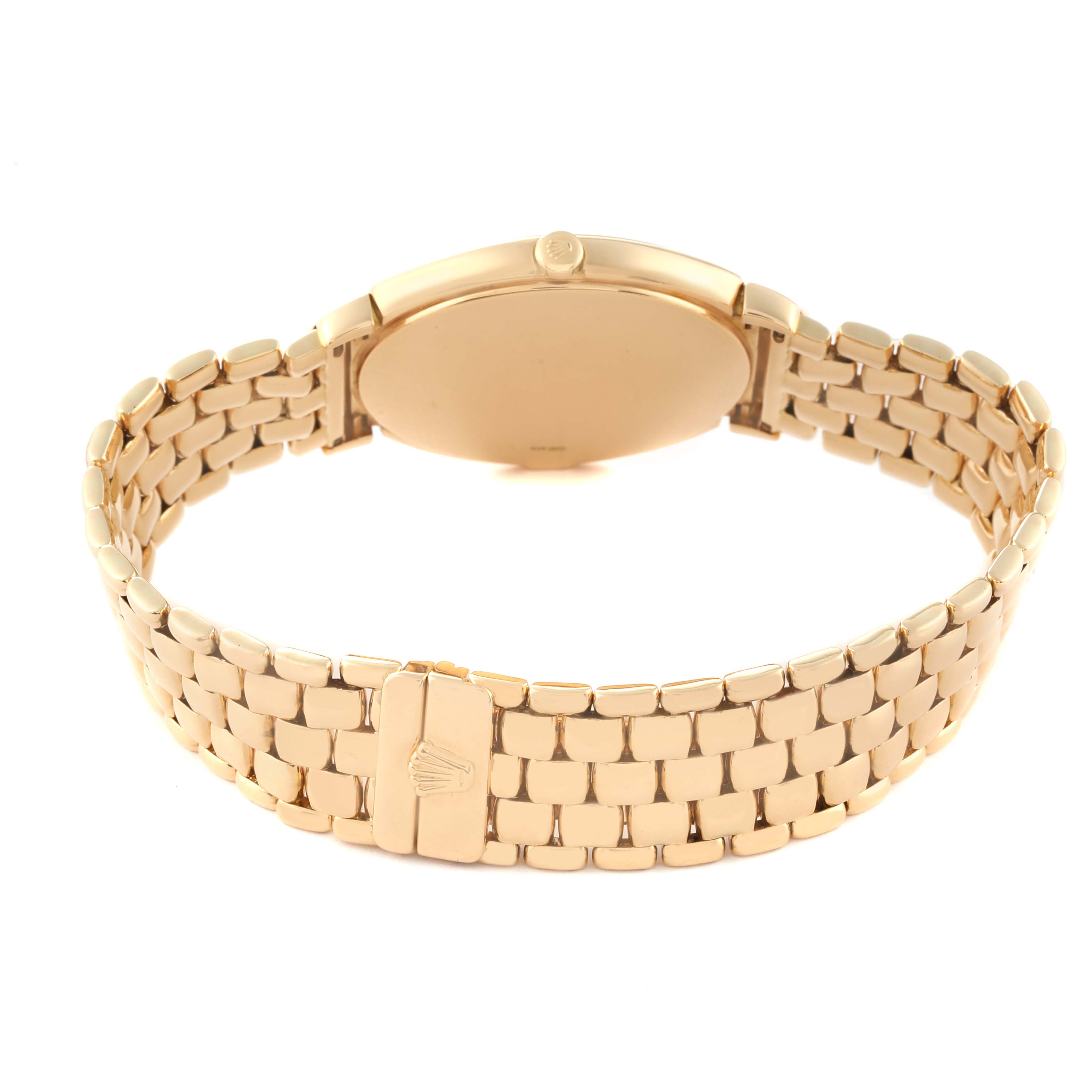 The image shows the back view of a Rolex Cellini 6623/8 Men's Yellow Gold Champagne Dial 6623/8 Men's Yellow Gold Champagne Dial watch, highlighting its gold bracelet and clasp with the Rolex crown logo.