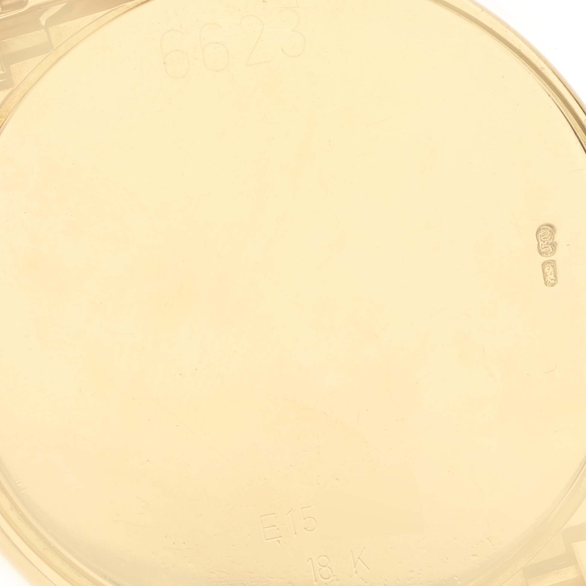 The image shows the backside of a Rolex Cellini 6623/8 Men's Yellow Gold Champagne Dial 6623/8 Men's Yellow Gold Champagne Dial model watch, displaying the case back with the 18K gold marking and reference number "6623."