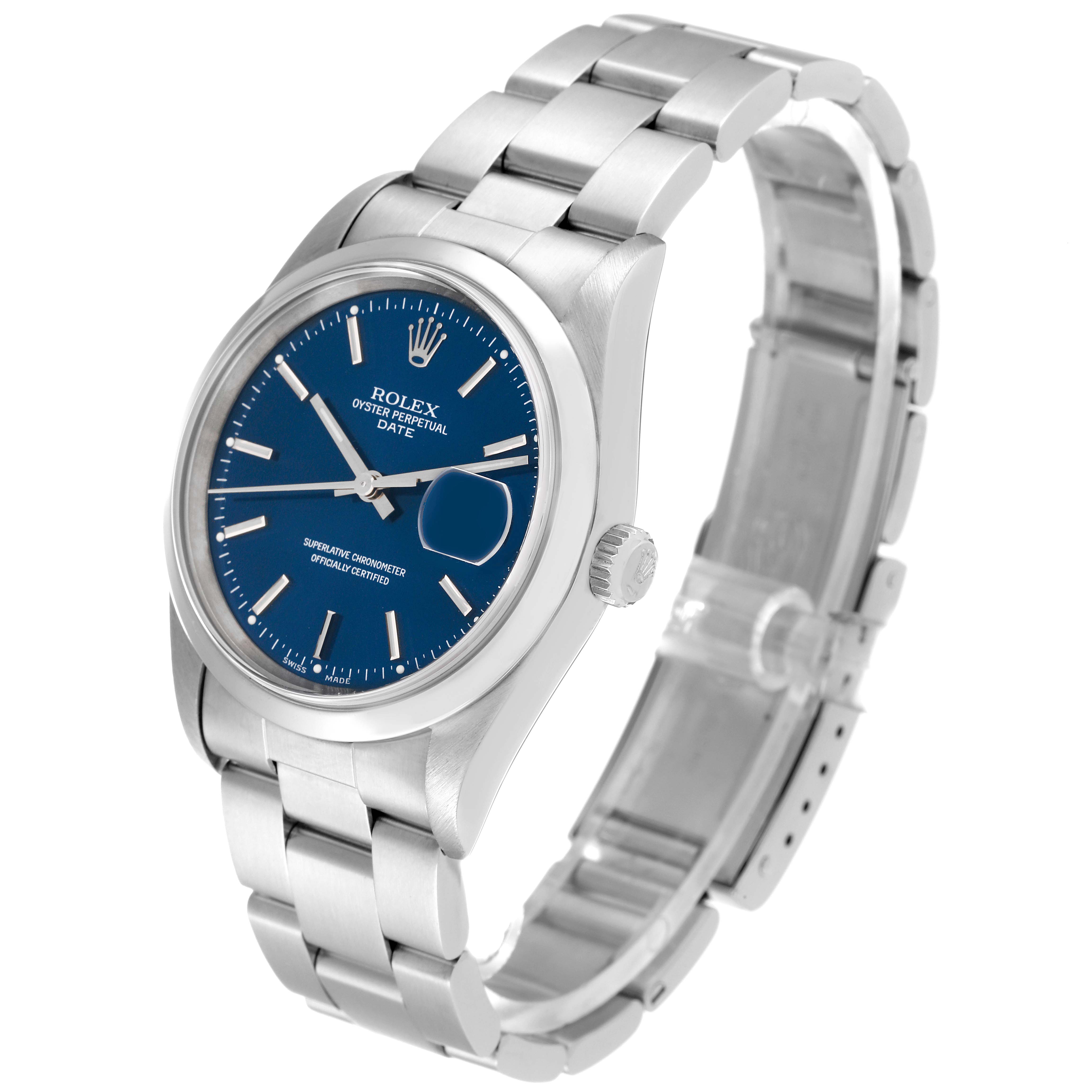 The Rolex Date 15200 Men's Stainless Steel Blue Dial 15200 Men's Stainless Steel Blue Dial model watch is shown at a front three-quarter angle, highlighting its face, crown, and band.