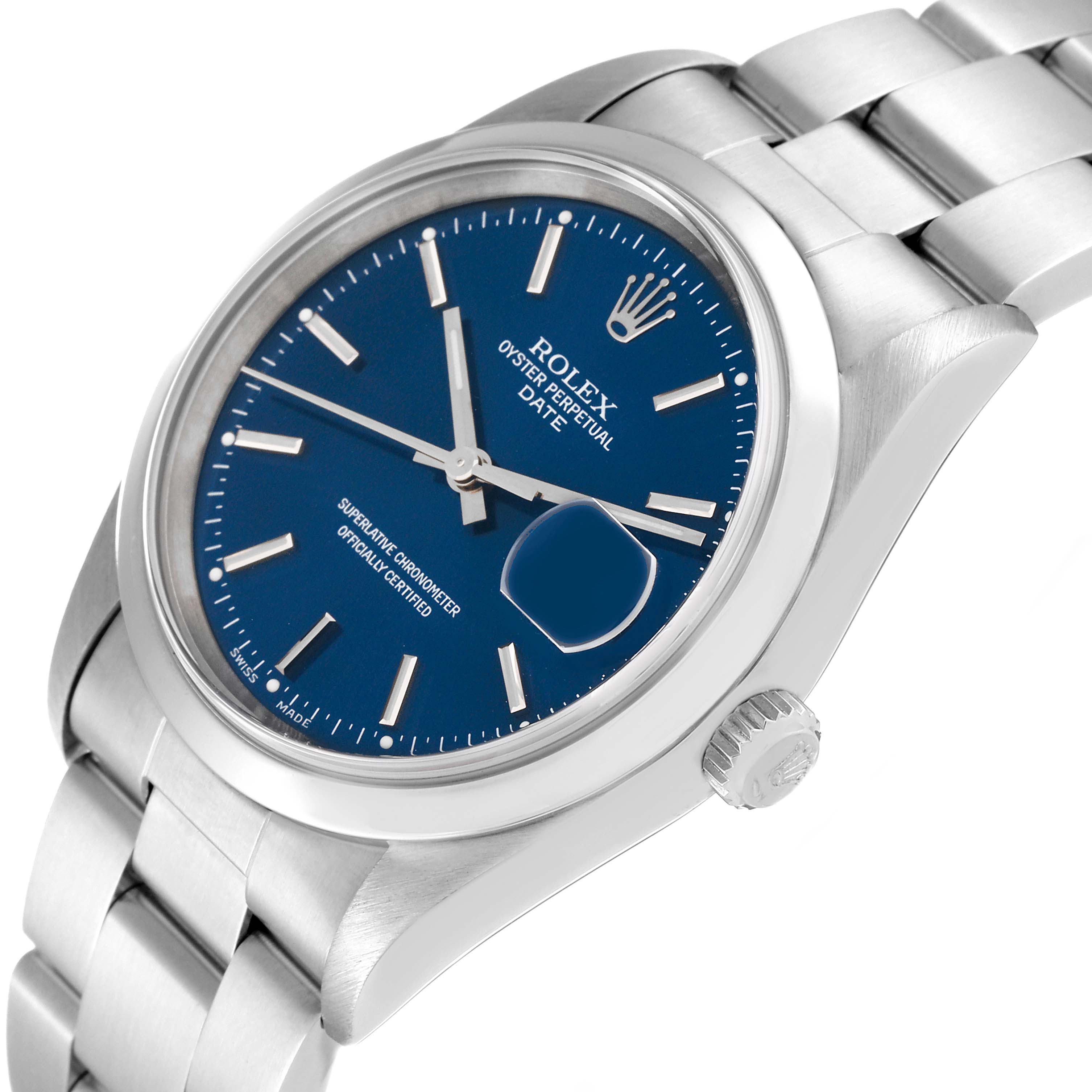 The image shows a side-angled view of a Rolex Date 15200 Men's Stainless Steel Blue Dial 15200 Men's Stainless Steel Blue Dial model watch, featuring its blue dial, crown, and metal bracelet.