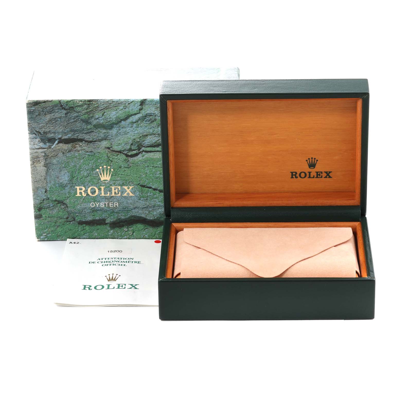 The image shows a Rolex Date 15200 Men's Stainless Steel Blue Dial 15200 Men's Stainless Steel Blue Dial model box set, including the watch box, outer box, protective pouch, and instruction booklet.