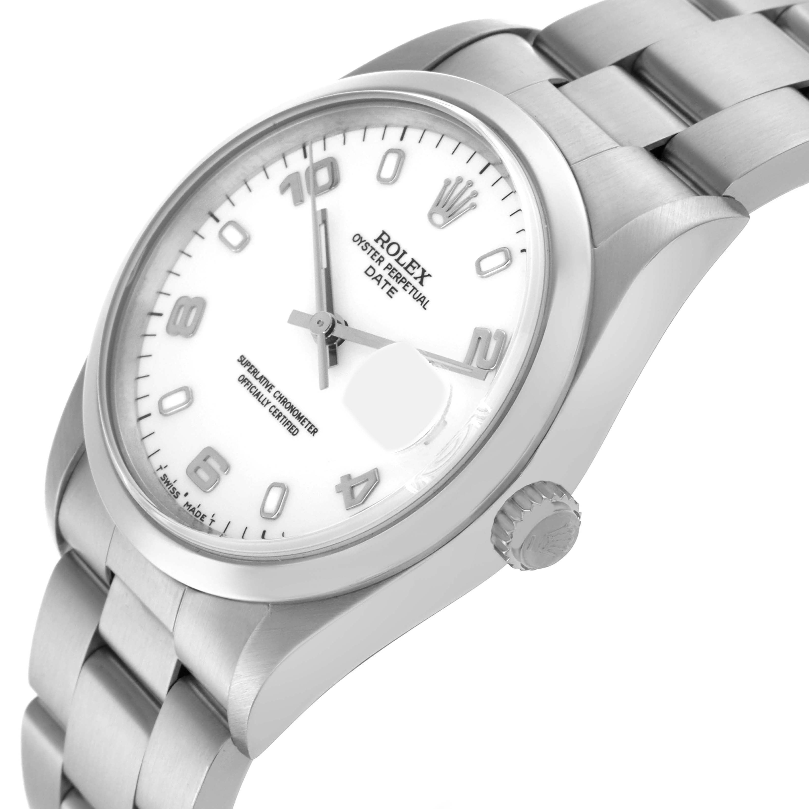 The Rolex Date 15200 Men's Stainless Steel White Dial 15200 Men's Stainless Steel White Dial watch is shown from a slightly tilted angle, highlighting the dial, bezel, crown, and bracelet.