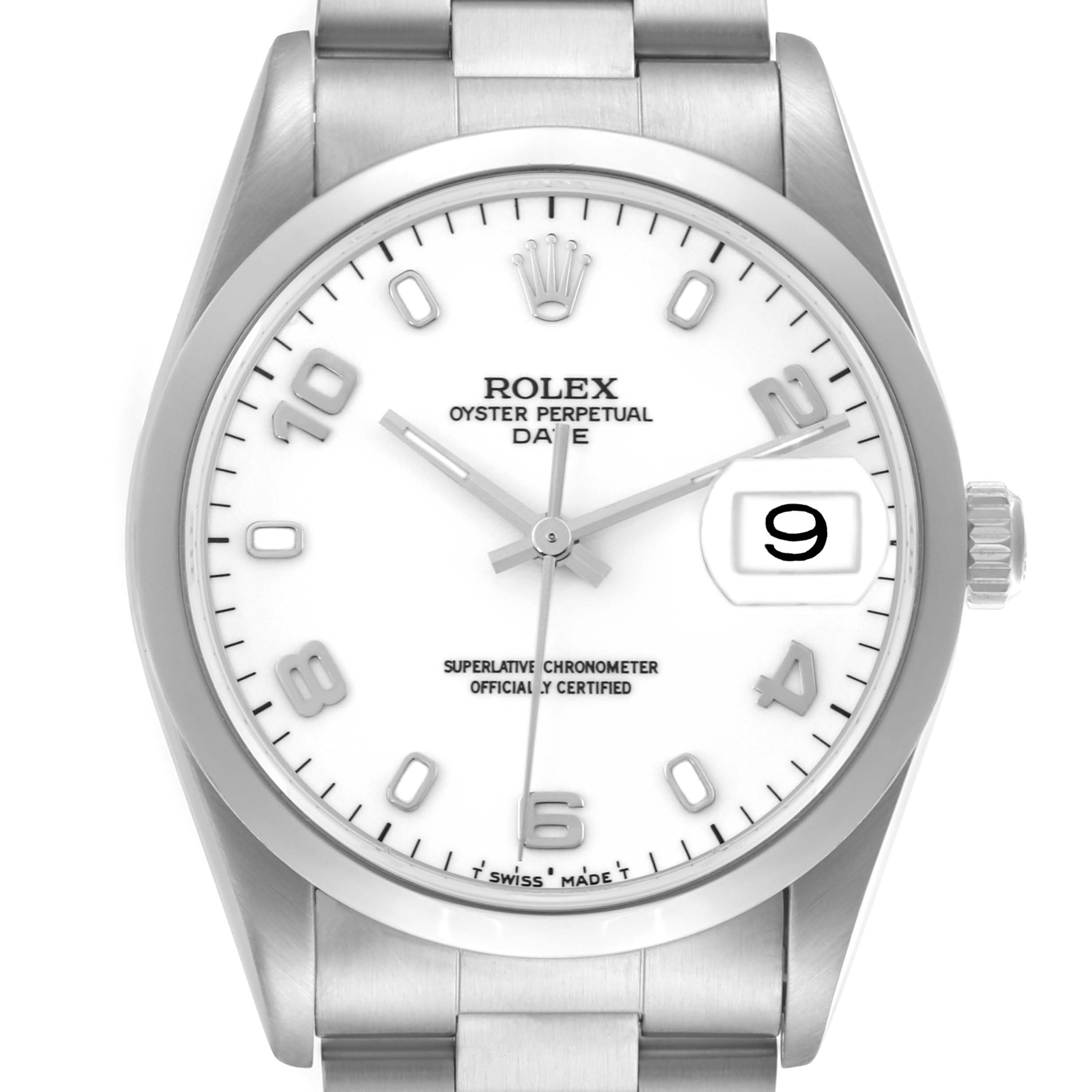 The Rolex Date 15200 Men's Stainless Steel White Dial 15200 Men's Stainless Steel White Dial watch is shown from the front, highlighting the dial, crown, and part of the bracelet.