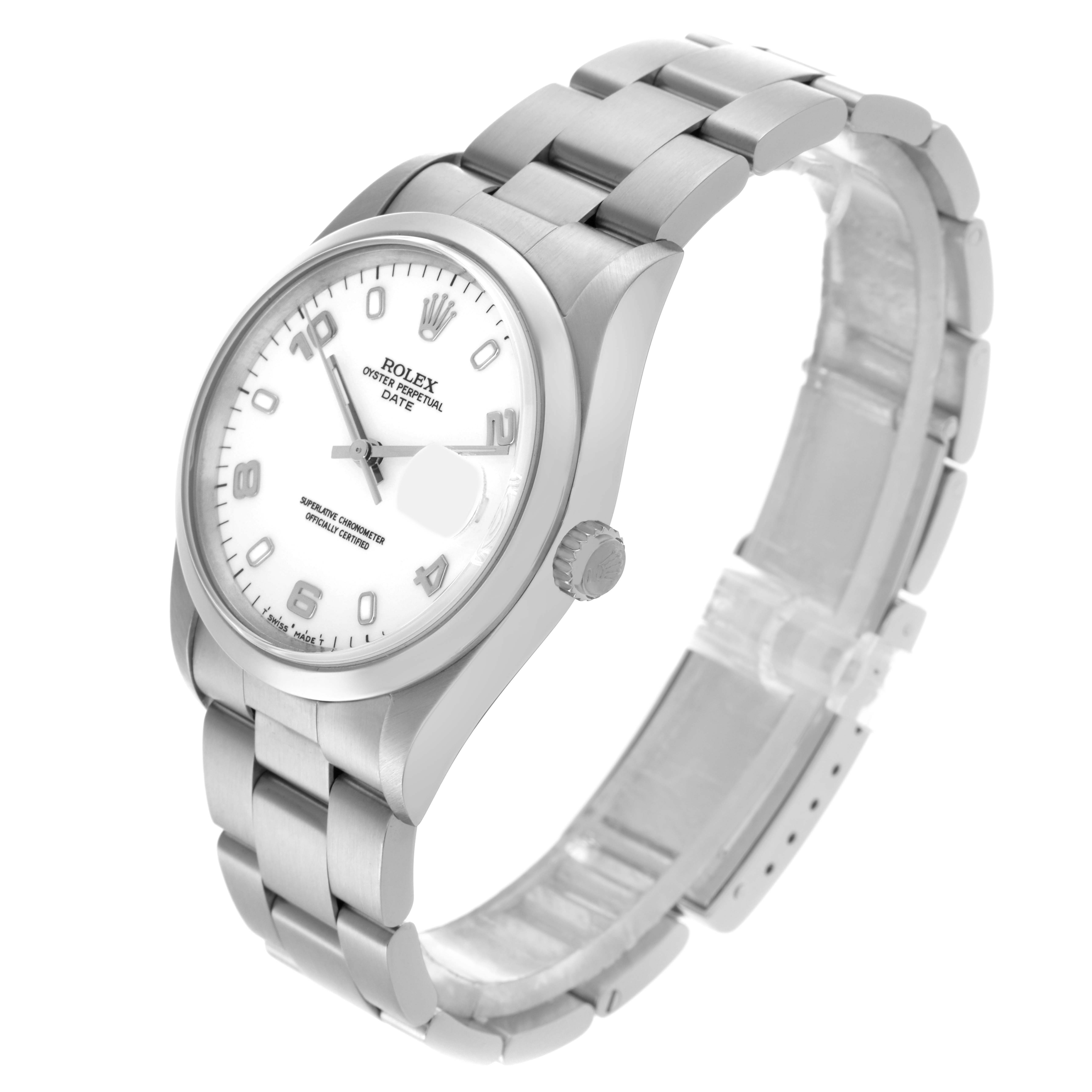 The Rolex Date 15200 Men's Stainless Steel White Dial 15200 Men's Stainless Steel White Dial watch is shown at a three-quarter angle, highlighting the face, bezel, crown, and bracelet.