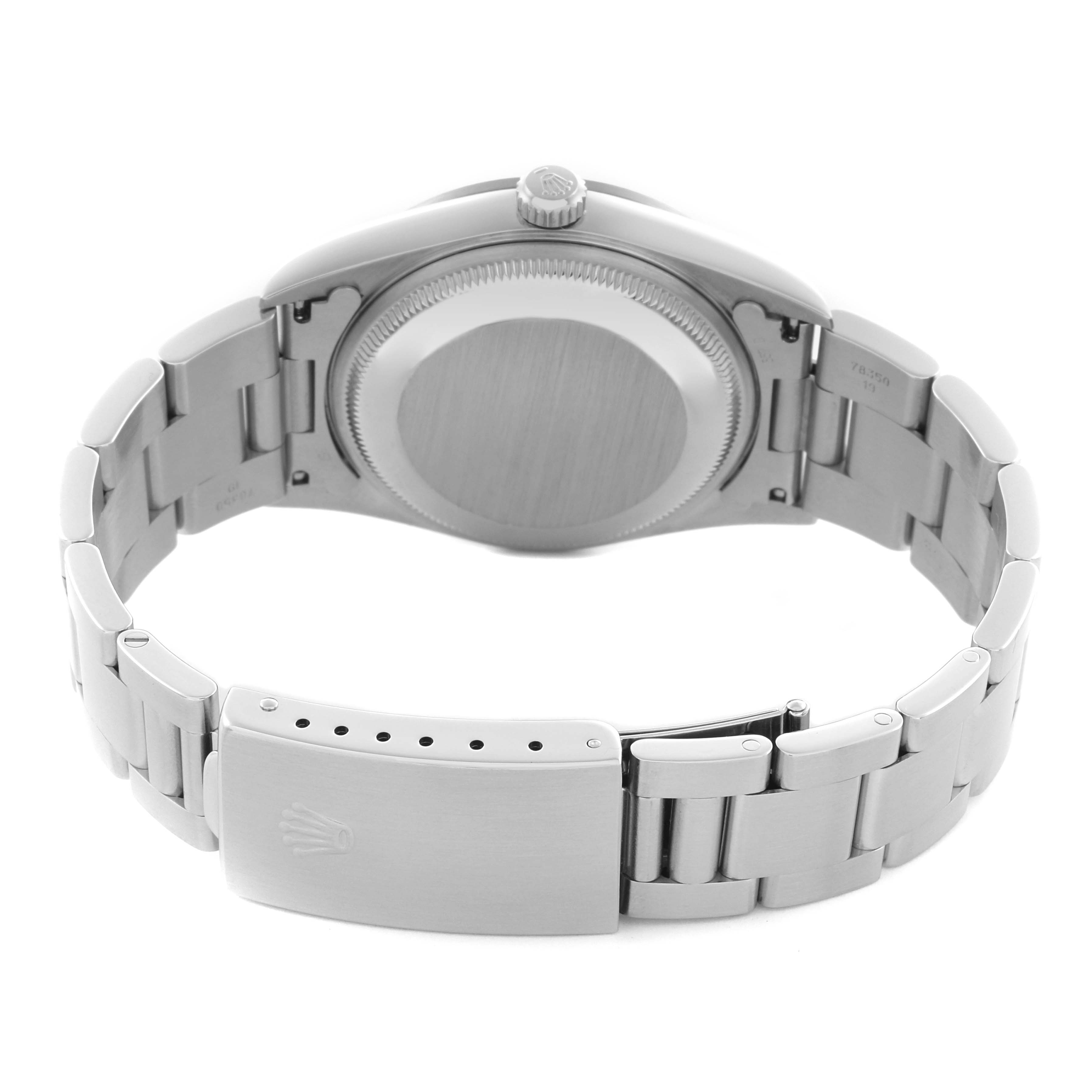 The image shows the back of a Rolex Date 15200 Men's Stainless Steel White Dial 15200 Men's Stainless Steel White Dial model watch, including the case back, crown, and bracelet clasp.