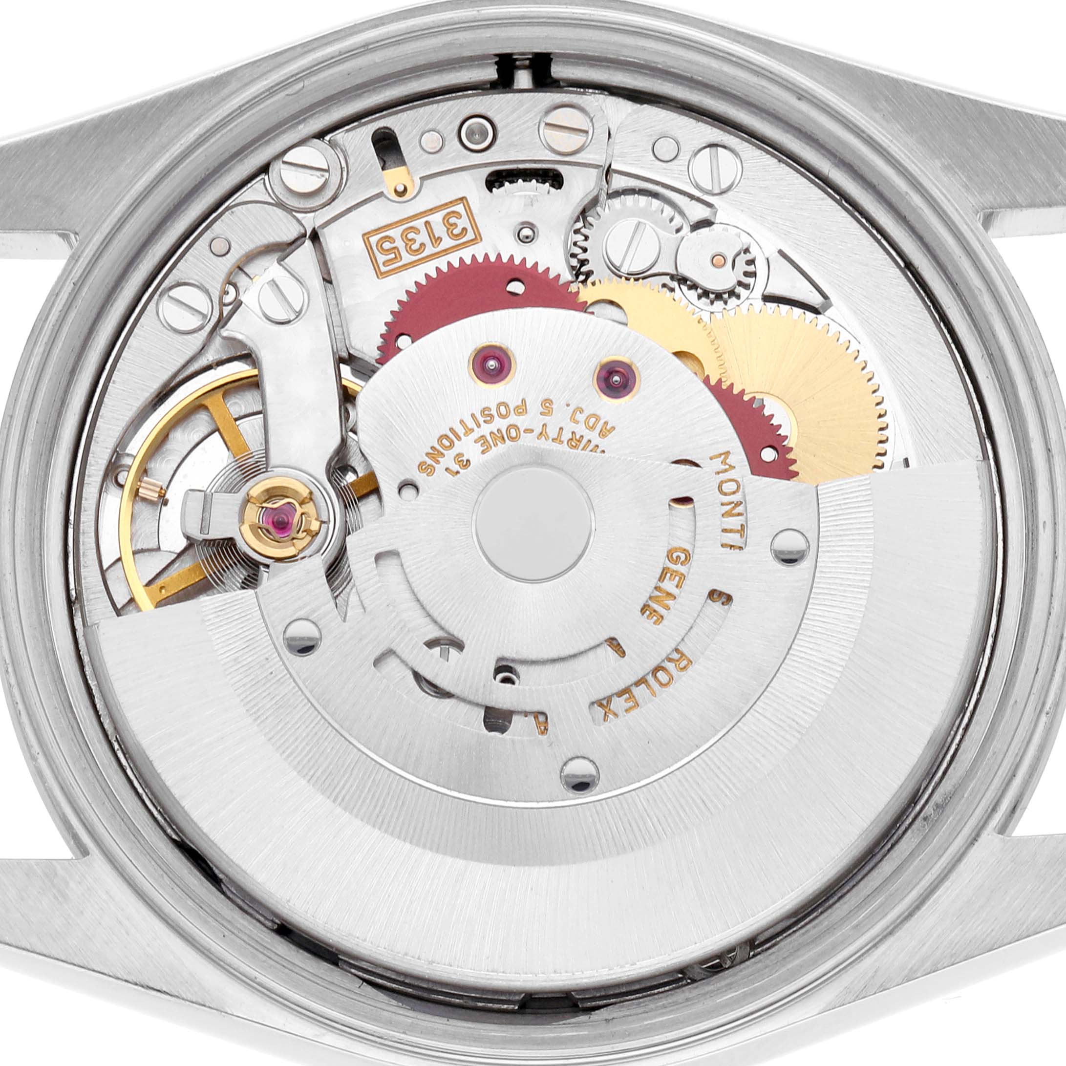 The image shows the back view of a Rolex Date 15200 Men's Stainless Steel White Dial 15200 Men's Stainless Steel White Dial model, focusing on its movement and intricate mechanical parts.