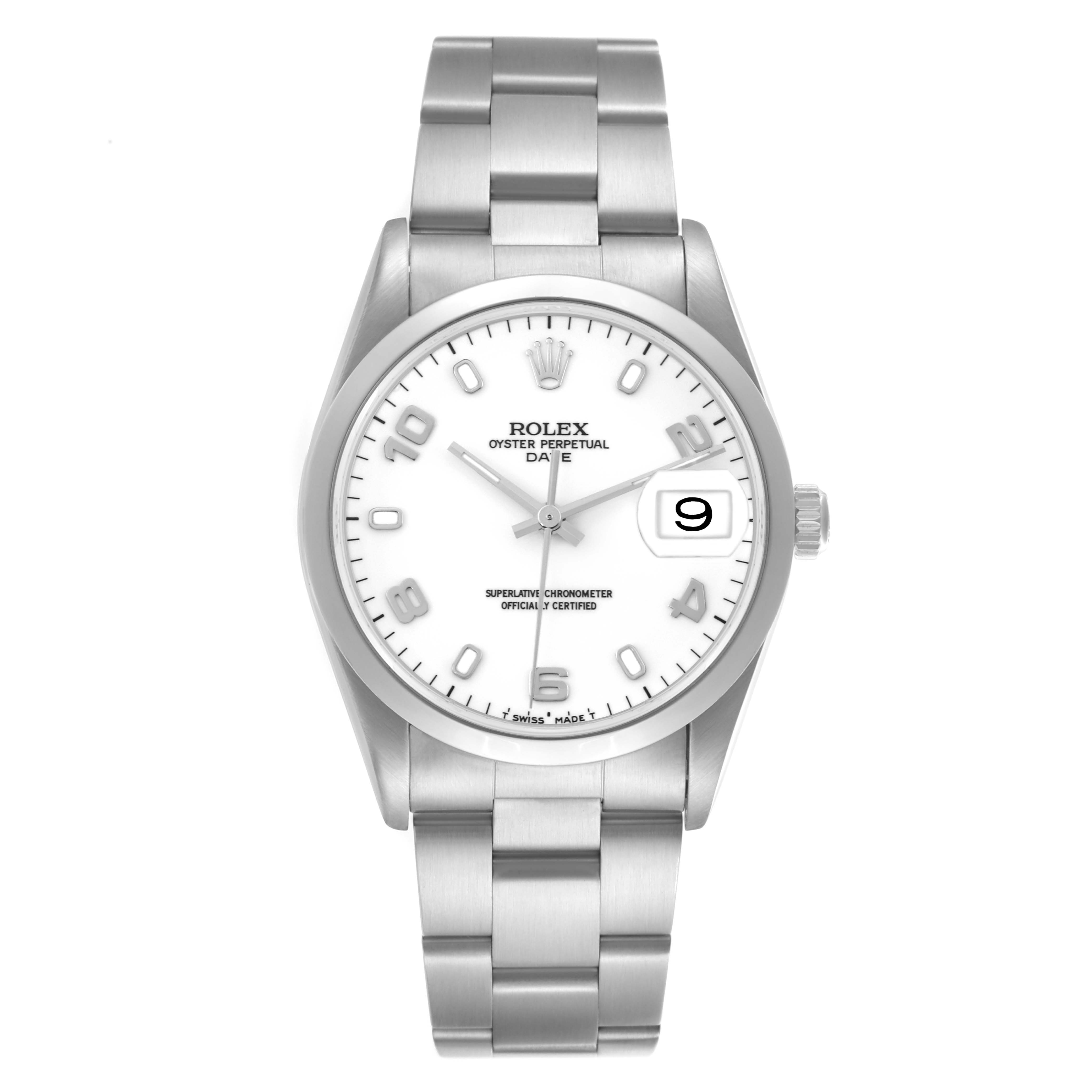 The Rolex Date 15200 Men's Stainless Steel White Dial 15200 Men's Stainless Steel White Dial watch is shown from a front angle, highlighting the dial, bezel, bracelet, and date magnifier.