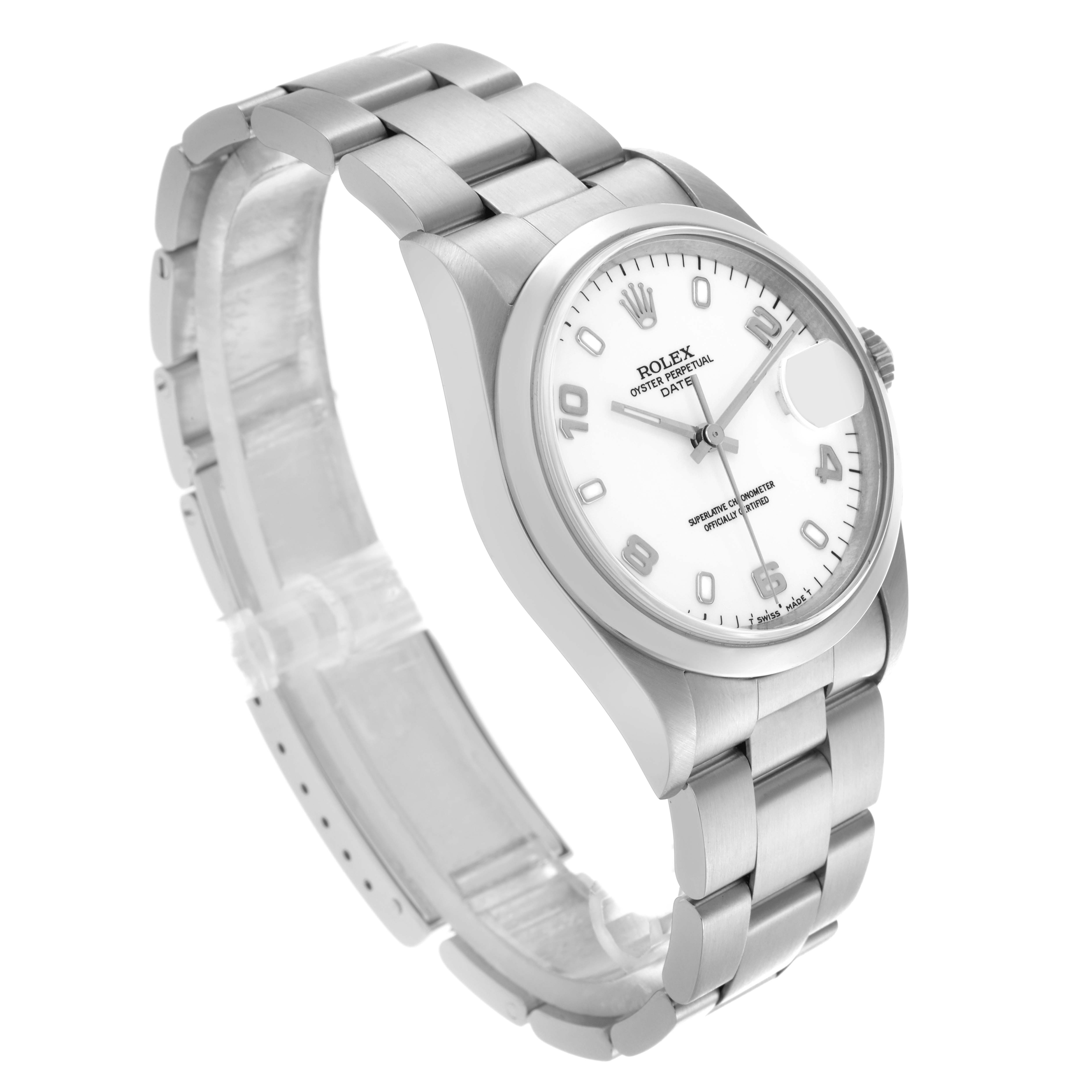 The Rolex Date 15200 Men's Stainless Steel White Dial 15200 Men's Stainless Steel White Dial watch is shown at a three-quarter angle, detailing the dial, bezel, case, bracelet, and crown.