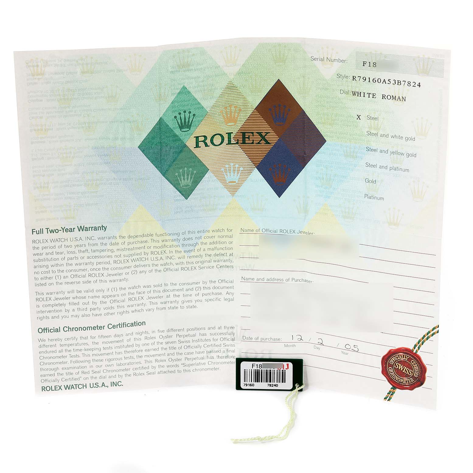 Image shows a warranty certificate and tag for a Rolex Date 79160 Women
s Stainless Steel White Dial 79160 Women
s Stainless Steel White Dial model watch, displaying details like serial number and purchase date.