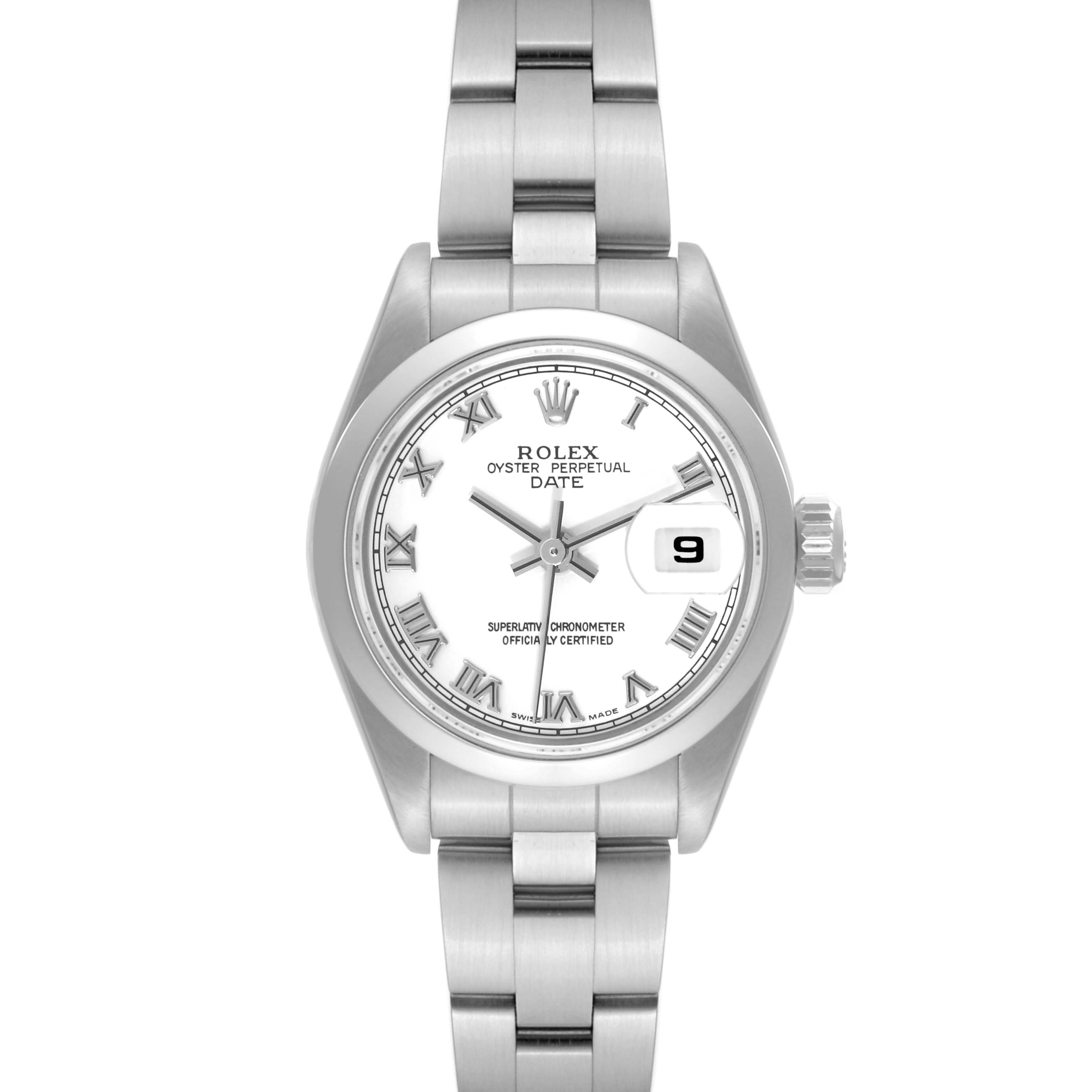 The image shows a front view of a Rolex Date 79160 Women
s Stainless Steel White Dial 79160 Women
s Stainless Steel White Dial model watch, displaying the face, dial, date window, and bracelet.
