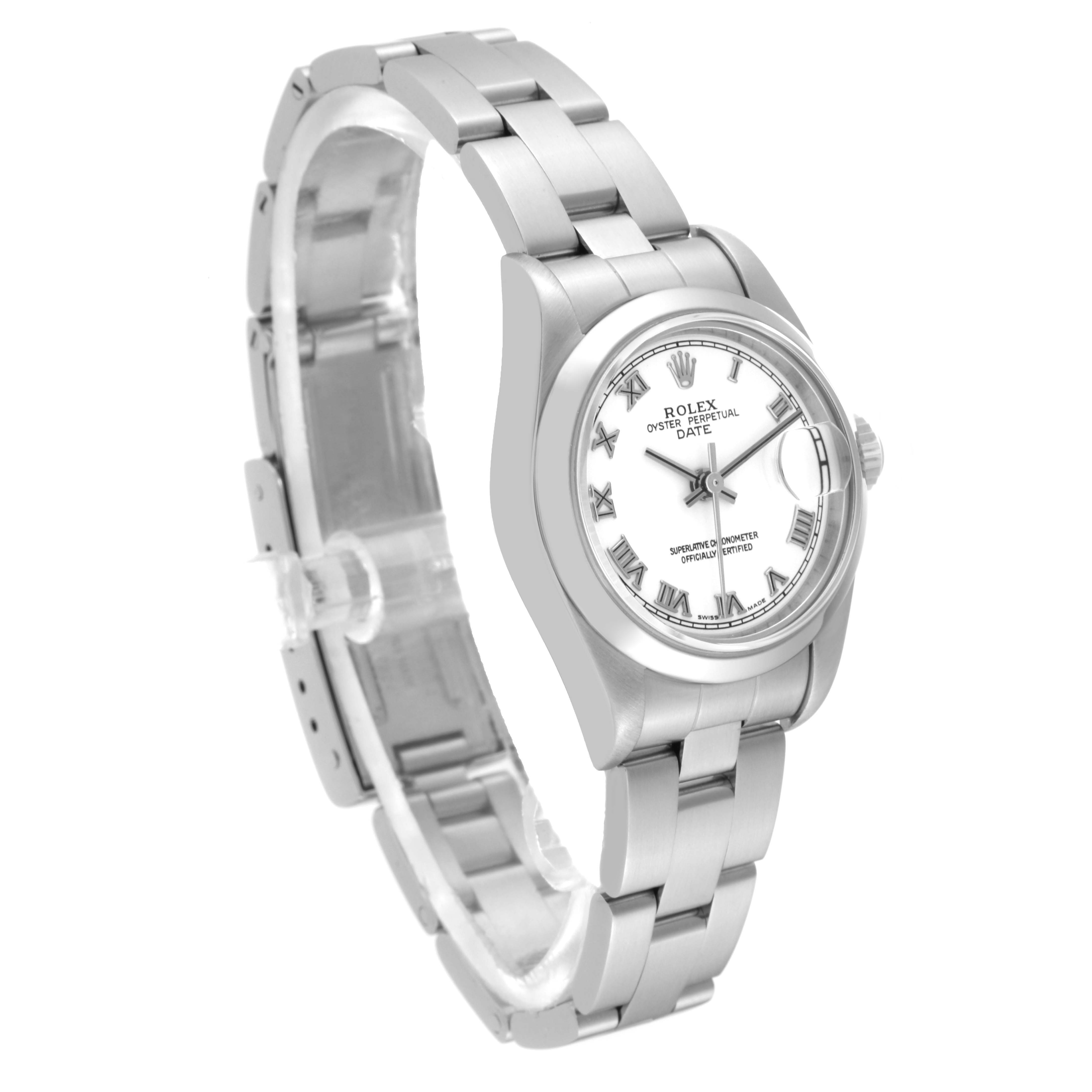 The Rolex Date 79160 Women
s Stainless Steel White Dial 79160 Women
s Stainless Steel White Dial model watch is shown at a slight angle, displaying the dial, bezel, bracelet, and clasp.