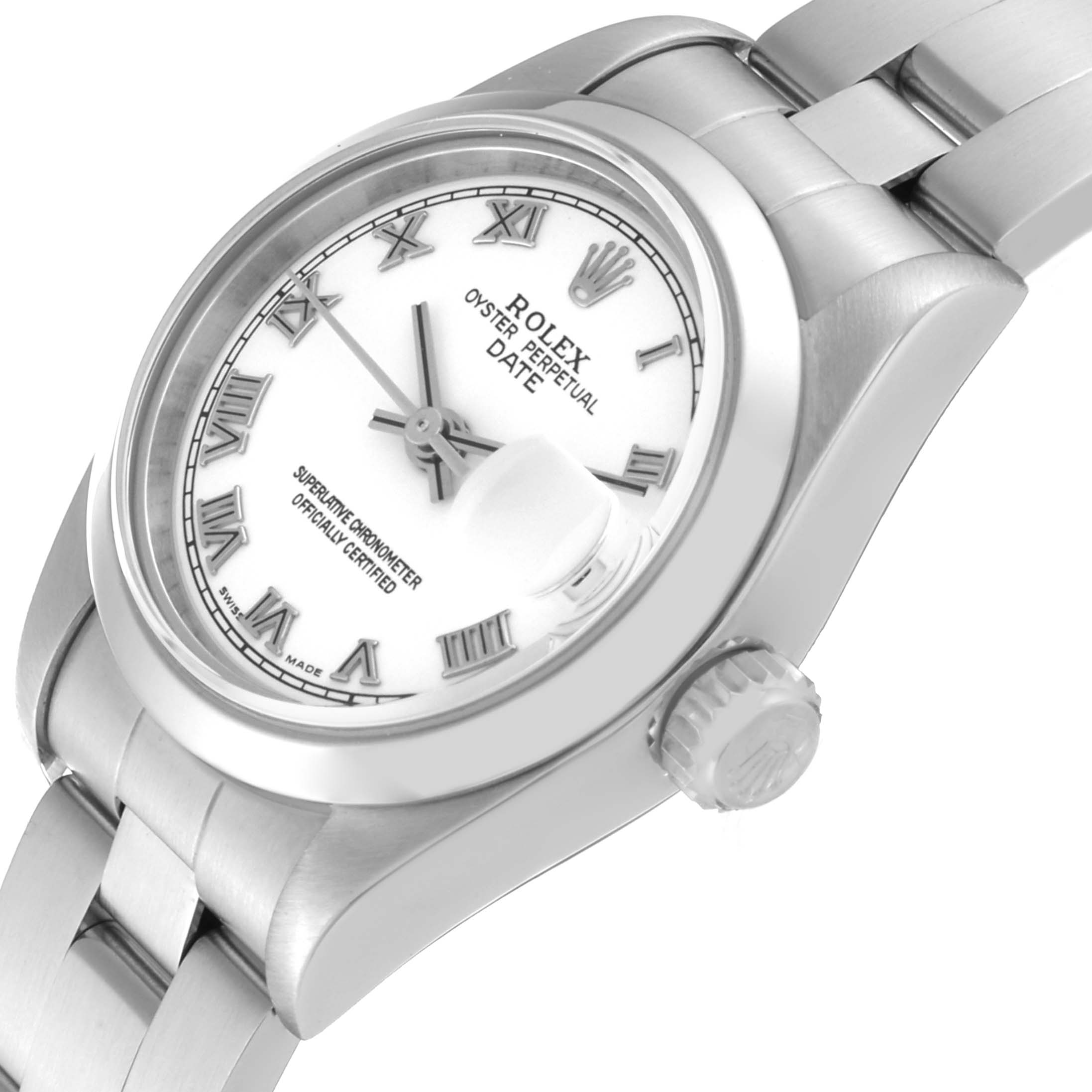 The image shows a close-up of the Rolex Date 79160 Women
s Stainless Steel White Dial 79160 Women
s Stainless Steel White Dial model watch, highlighting the dial, crown, and a portion of the bracelet.