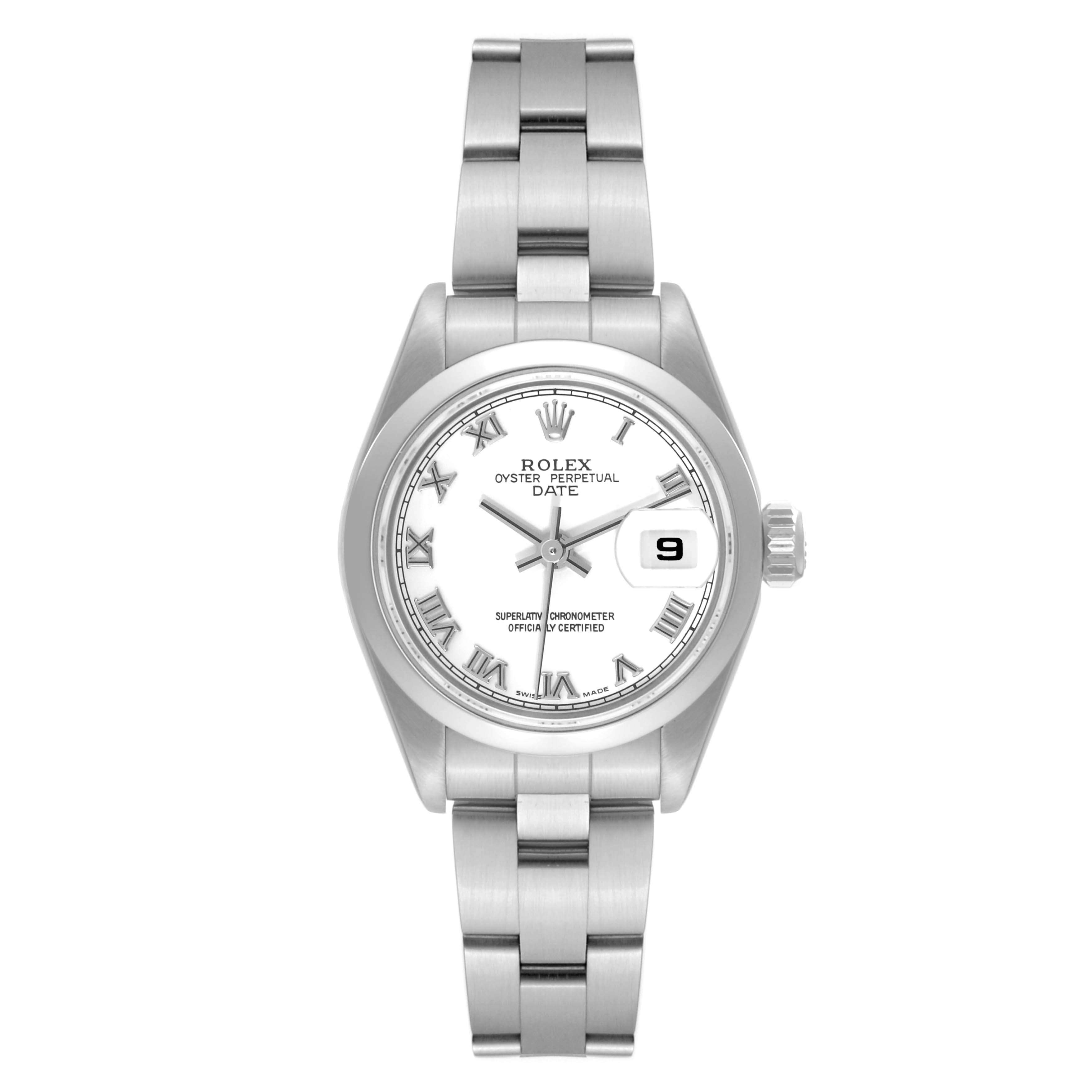 This Rolex Date 79160 Women
s Stainless Steel White Dial 79160 Women
s Stainless Steel White Dial model watch is shown straight on, displaying the face, dial, crown, and bracelet.