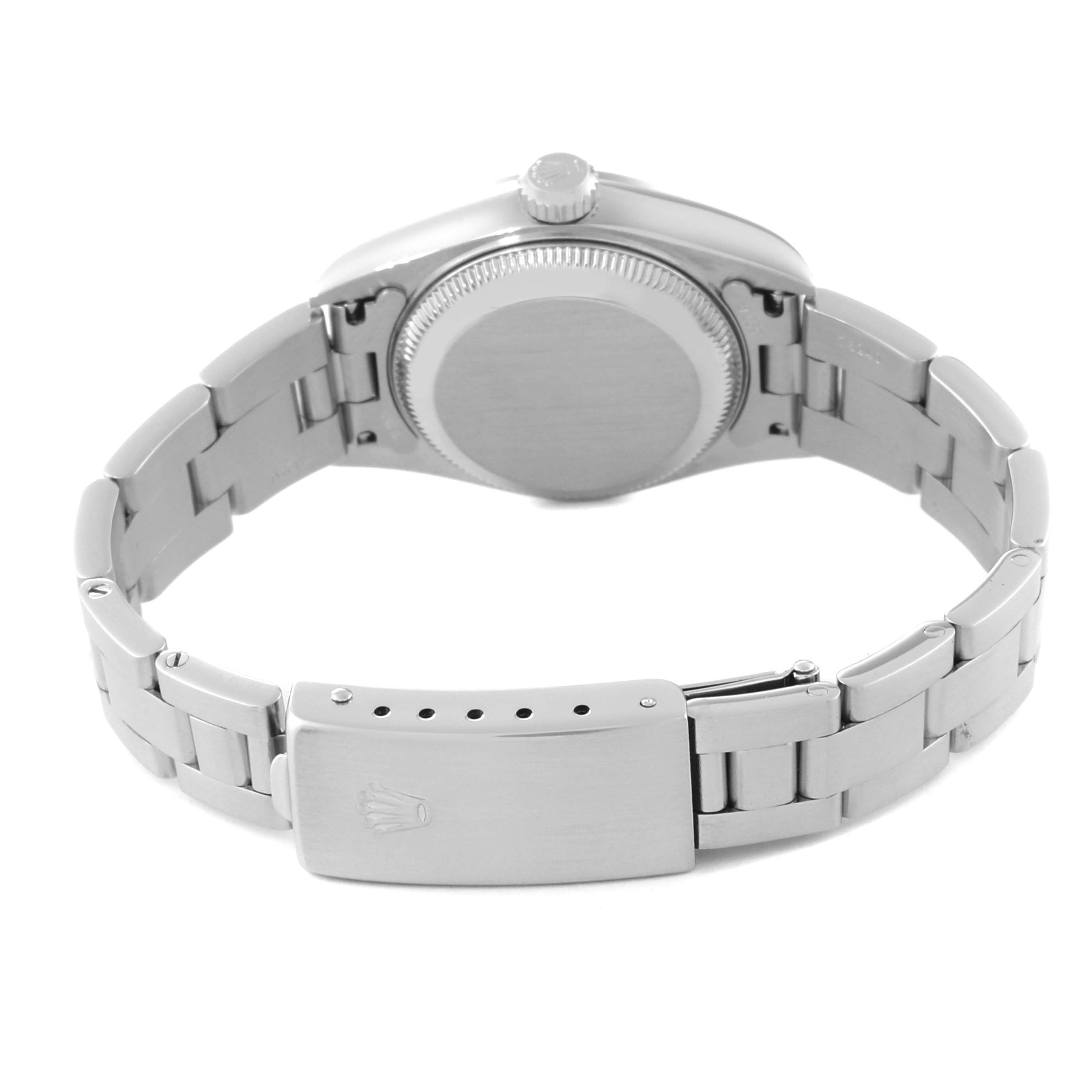 The image shows the back of the Rolex Date 79160 Women
s Stainless Steel White Dial 79160 Women
s Stainless Steel White Dial model watch, highlighting the case back, crown, and bracelet with clasp.