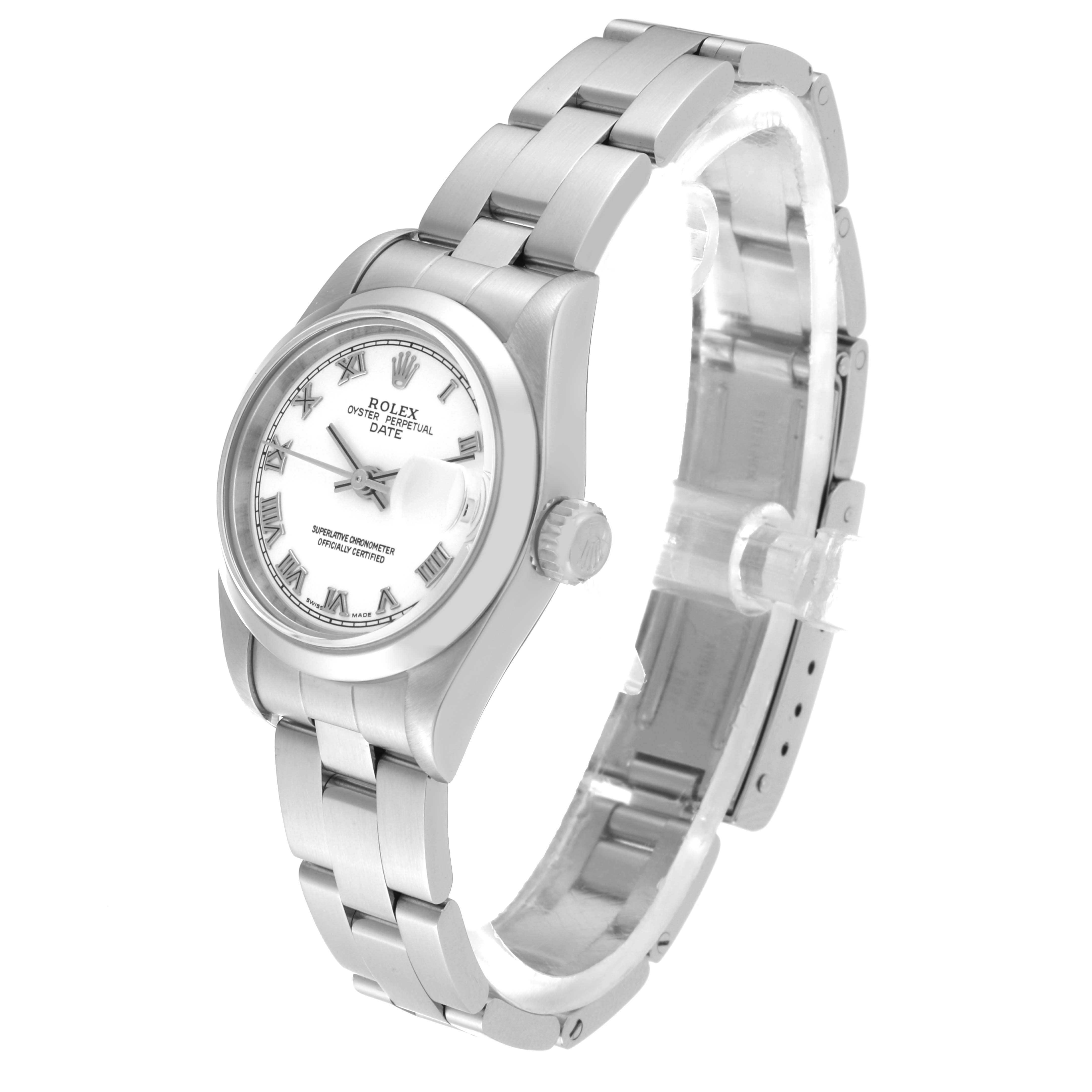The Rolex Date 79160 Women
s Stainless Steel White Dial 79160 Women
s Stainless Steel White Dial model watch is shown from a three-quarter angle, displaying the face, crown, and bracelet.