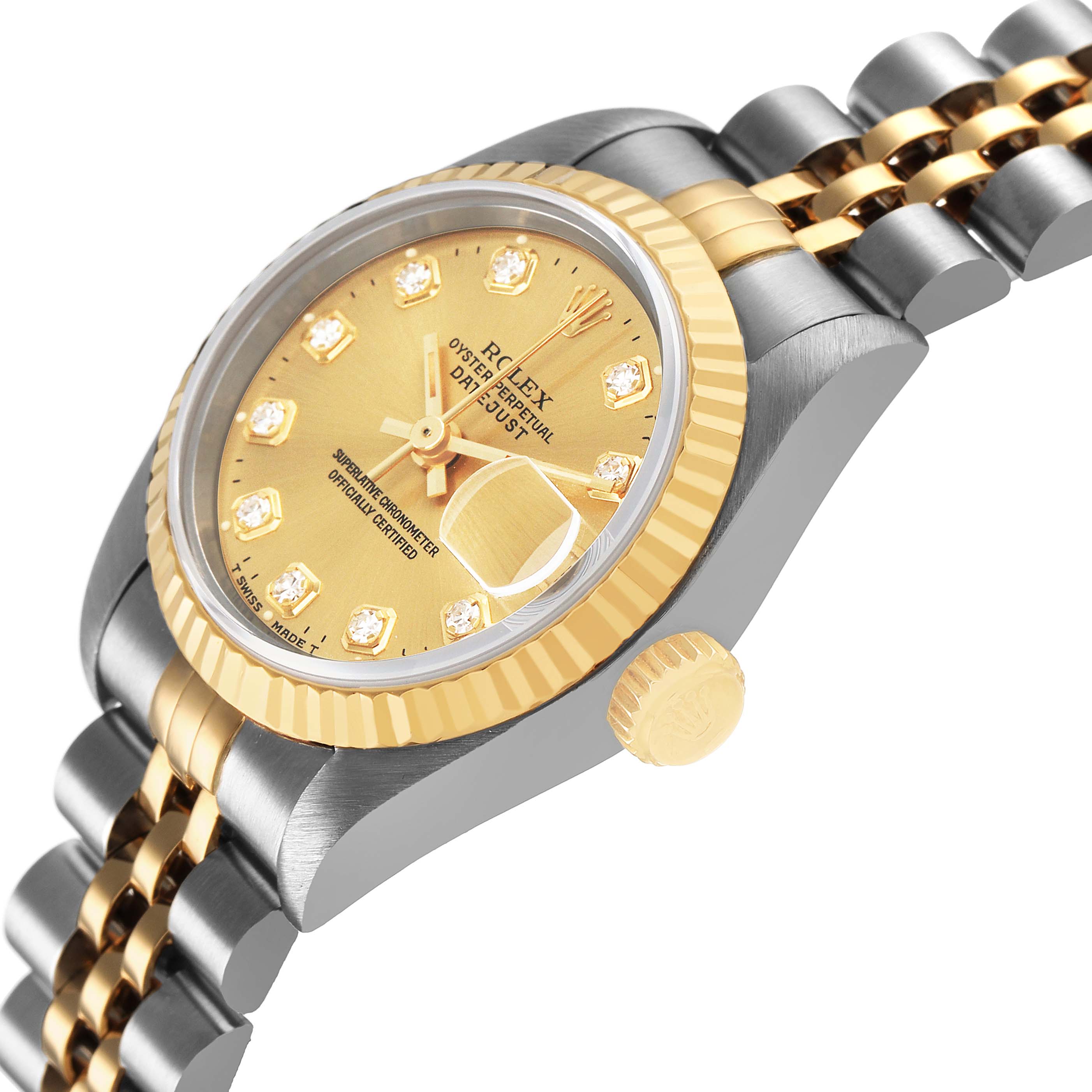 The image shows a Rolex Datejust 69173 Women's Steel and Gold (two tone) Champagne Dial watch from a side angle, highlighting the crown, bezel, and part of the bracelet.