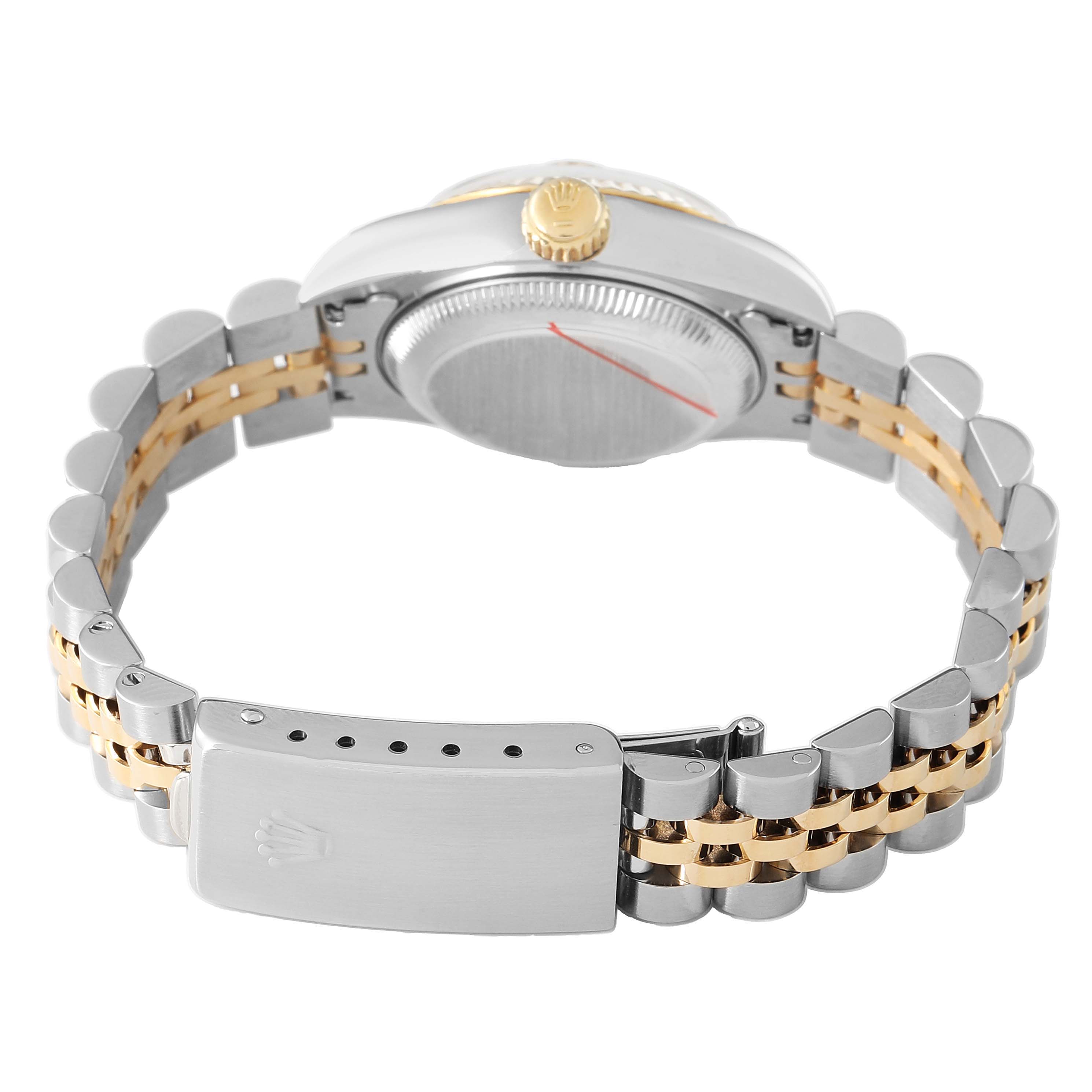 The image shows the Rolex Datejust 69173 Women's Steel and Gold (two tone) Champagne Dial from the case back angle, highlighting the bracelet and clasp.