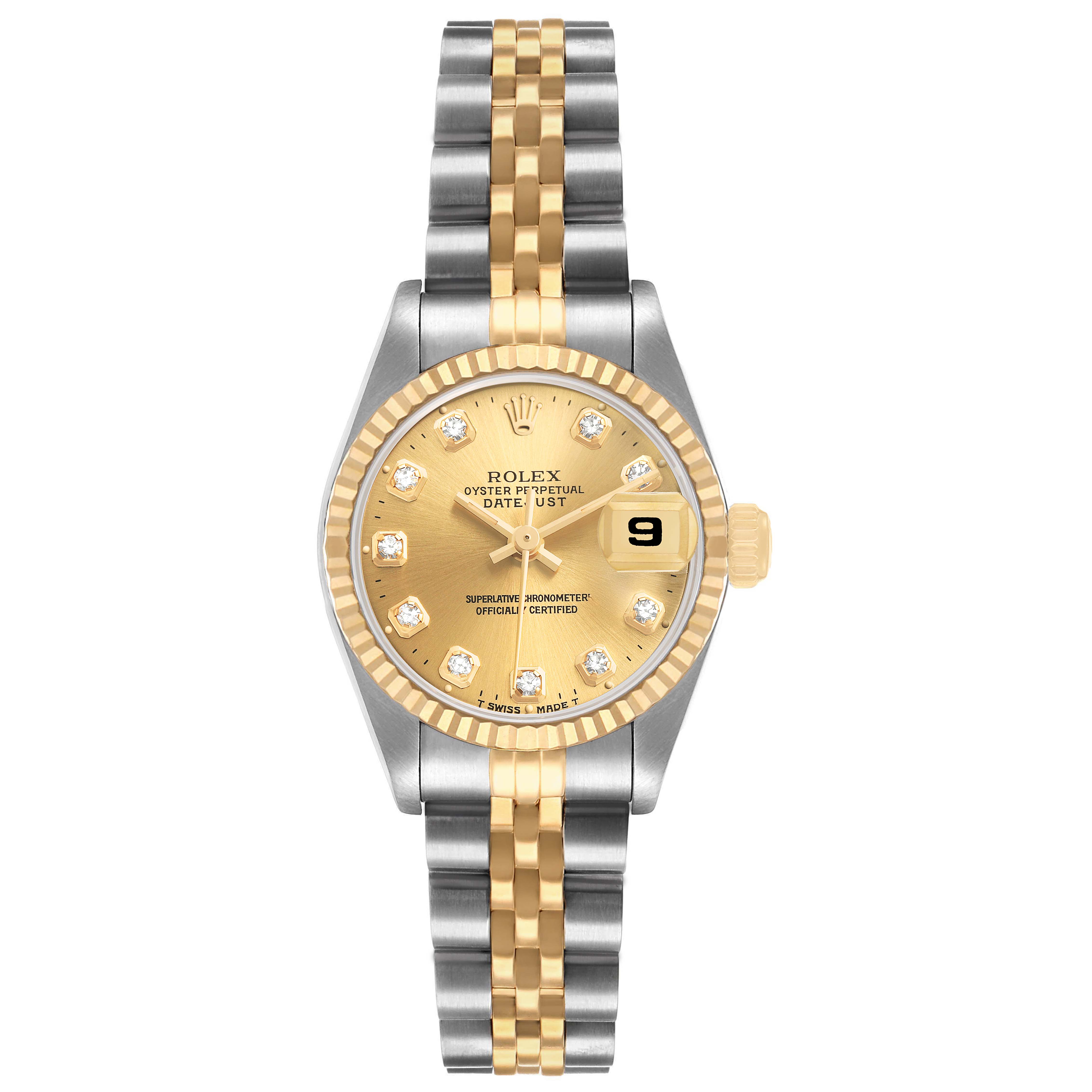 The Rolex Datejust 69173 Women's Steel and Gold (two tone) Champagne Dial watch is shown from a direct front angle, highlighting the dial, bezel, and bracelet.
