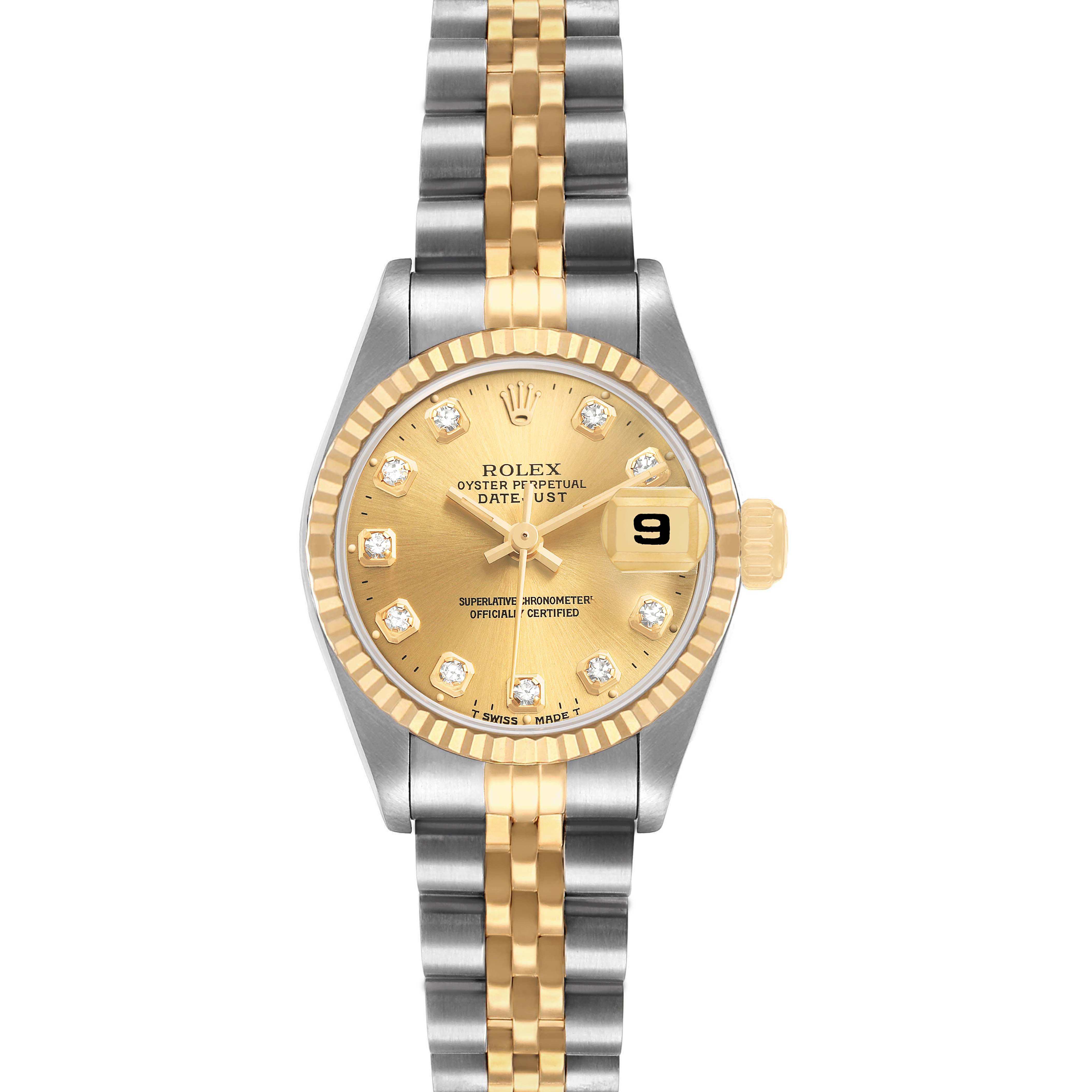 The Rolex Datejust 69173 Women's Steel and Gold (two tone) Champagne Dial watch is shown from the front, featuring the dial, bezel, case, and bracelet clearly.