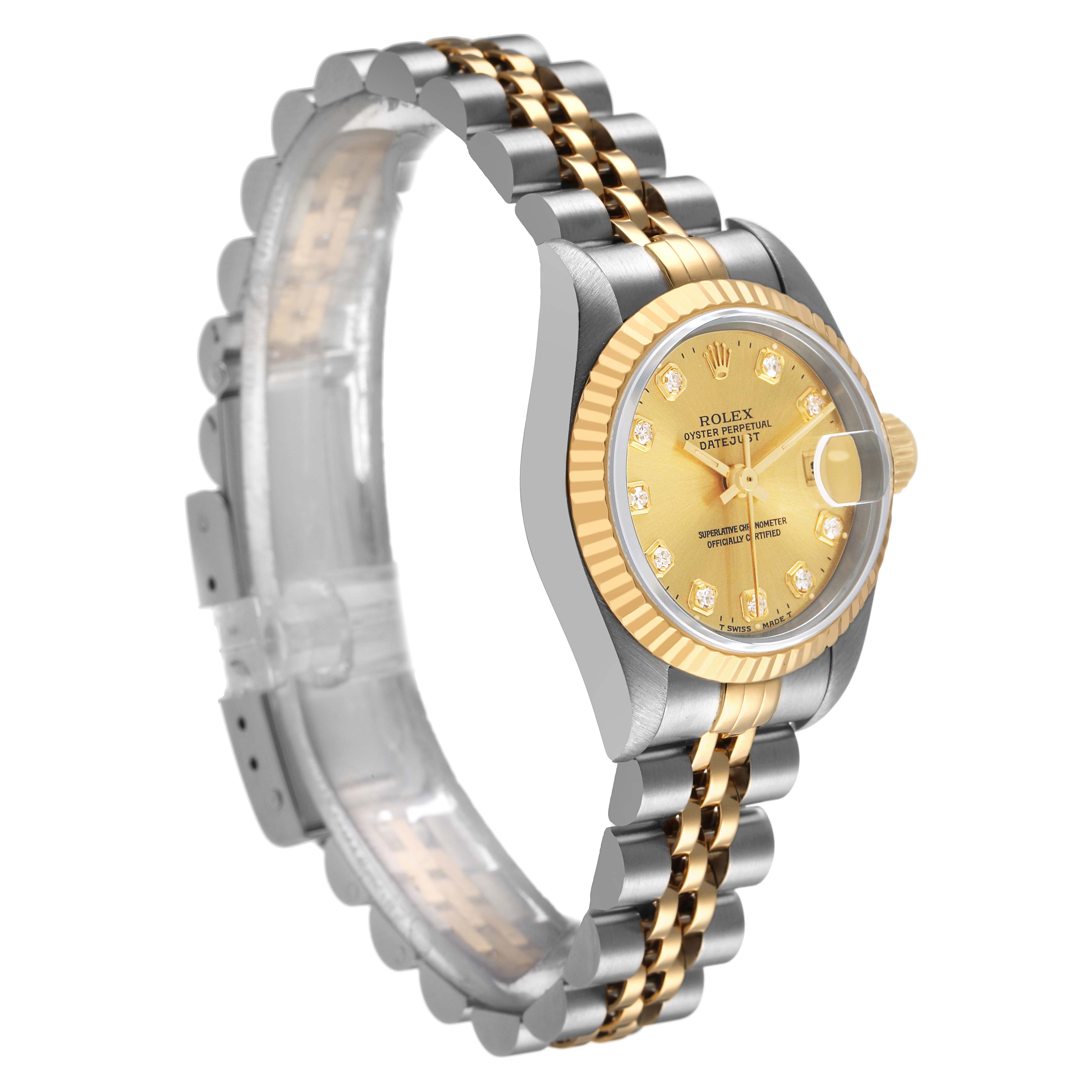 The Rolex Datejust 69173 Women's Steel and Gold (two tone) Champagne Dial watch is shown from a side angle, highlighting the gold and silver bracelet, bezel, and diamond-accented dial.