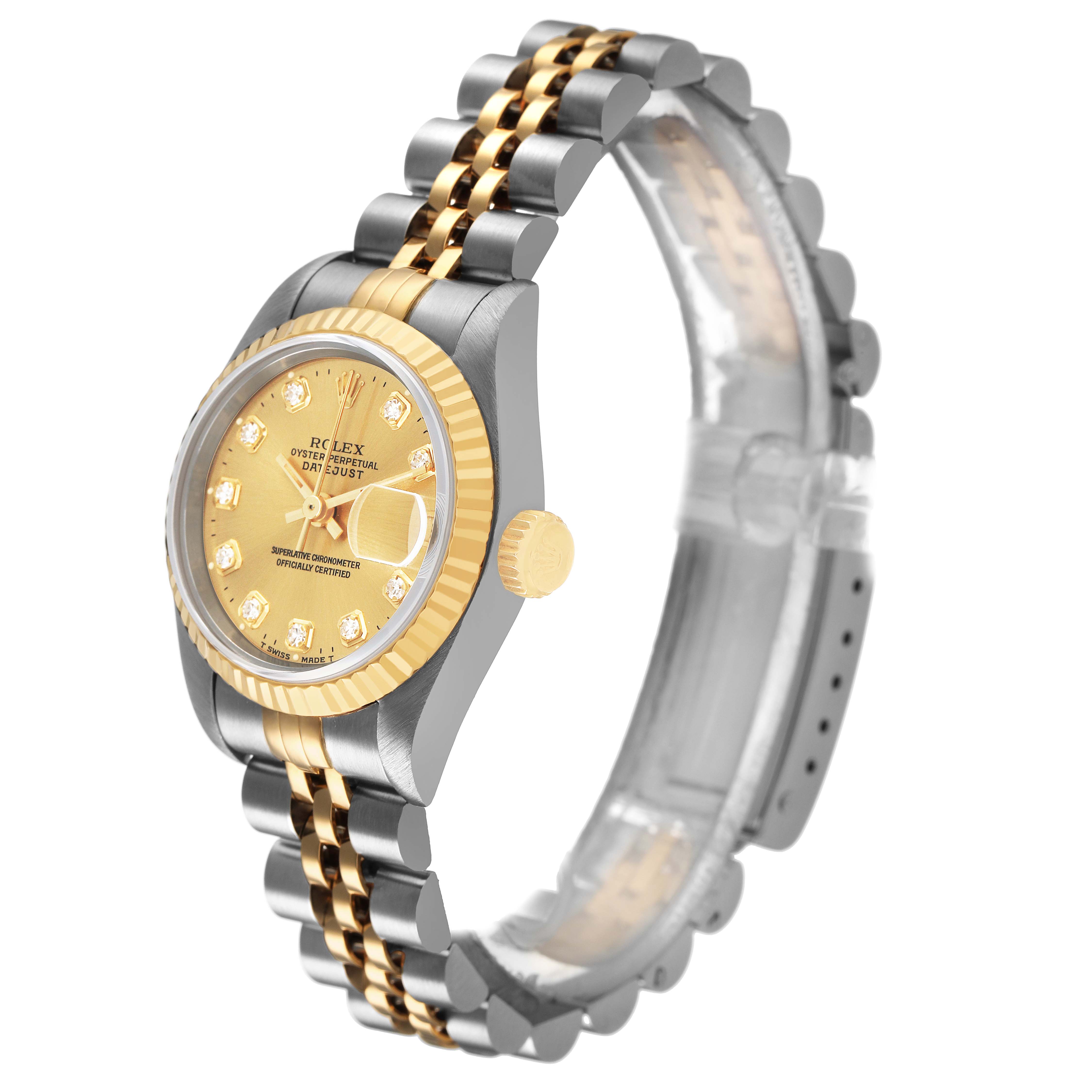 The Rolex Datejust 69173 Women's Steel and Gold (two tone) Champagne Dial watch is shown from an angled side view, revealing the dial, bezel, crown, and bracelet.