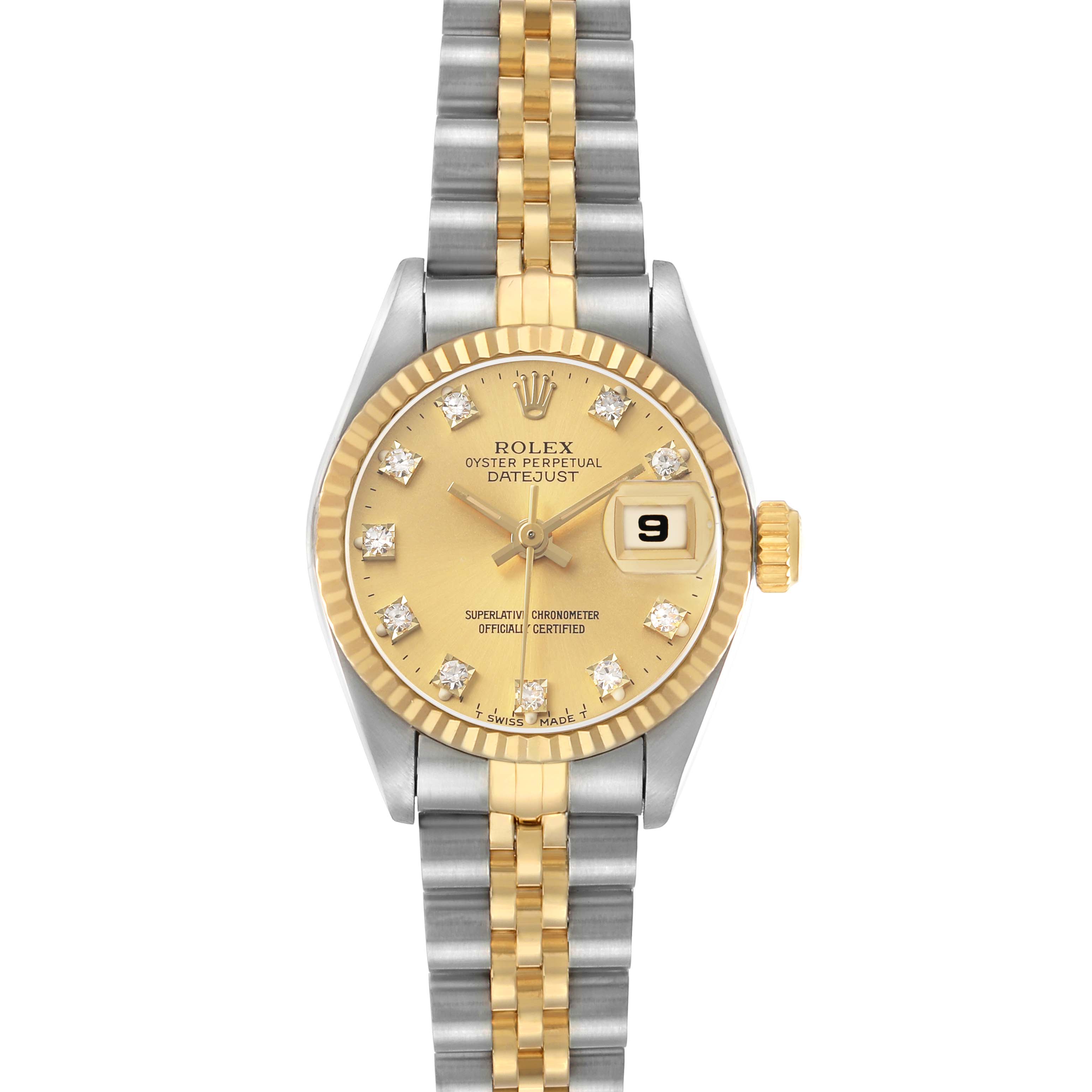 The Rolex Datejust 69173 Women's Stainless Steel Champagne Dial watch is shown from a top-down angle, highlighting the gold and silver bracelet, fluted bezel, and diamond hour markers.