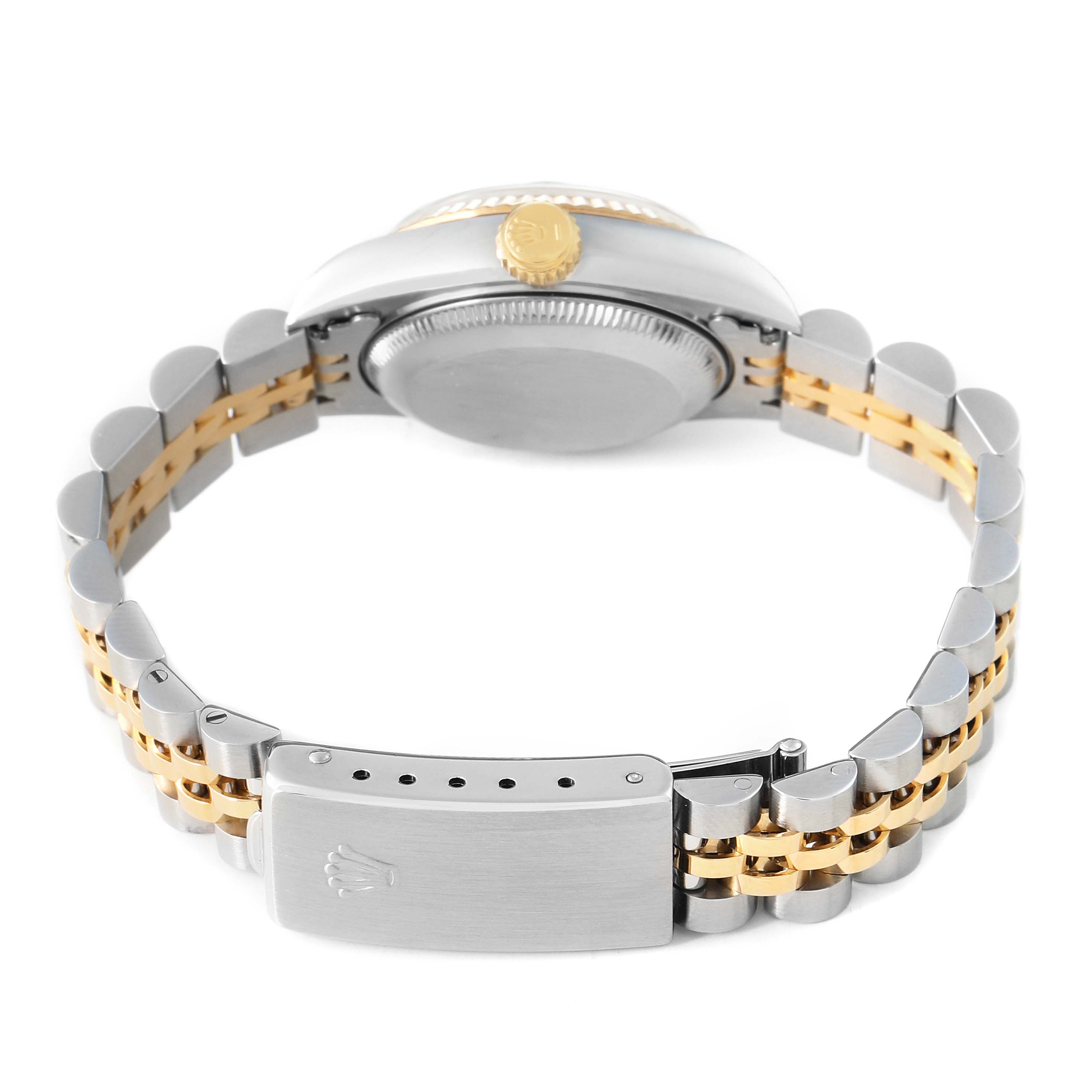 The image shows the back of a Rolex Datejust 69173 Women's Stainless Steel Champagne Dial watch, highlighting the clasp, case back, and part of the bracelet.